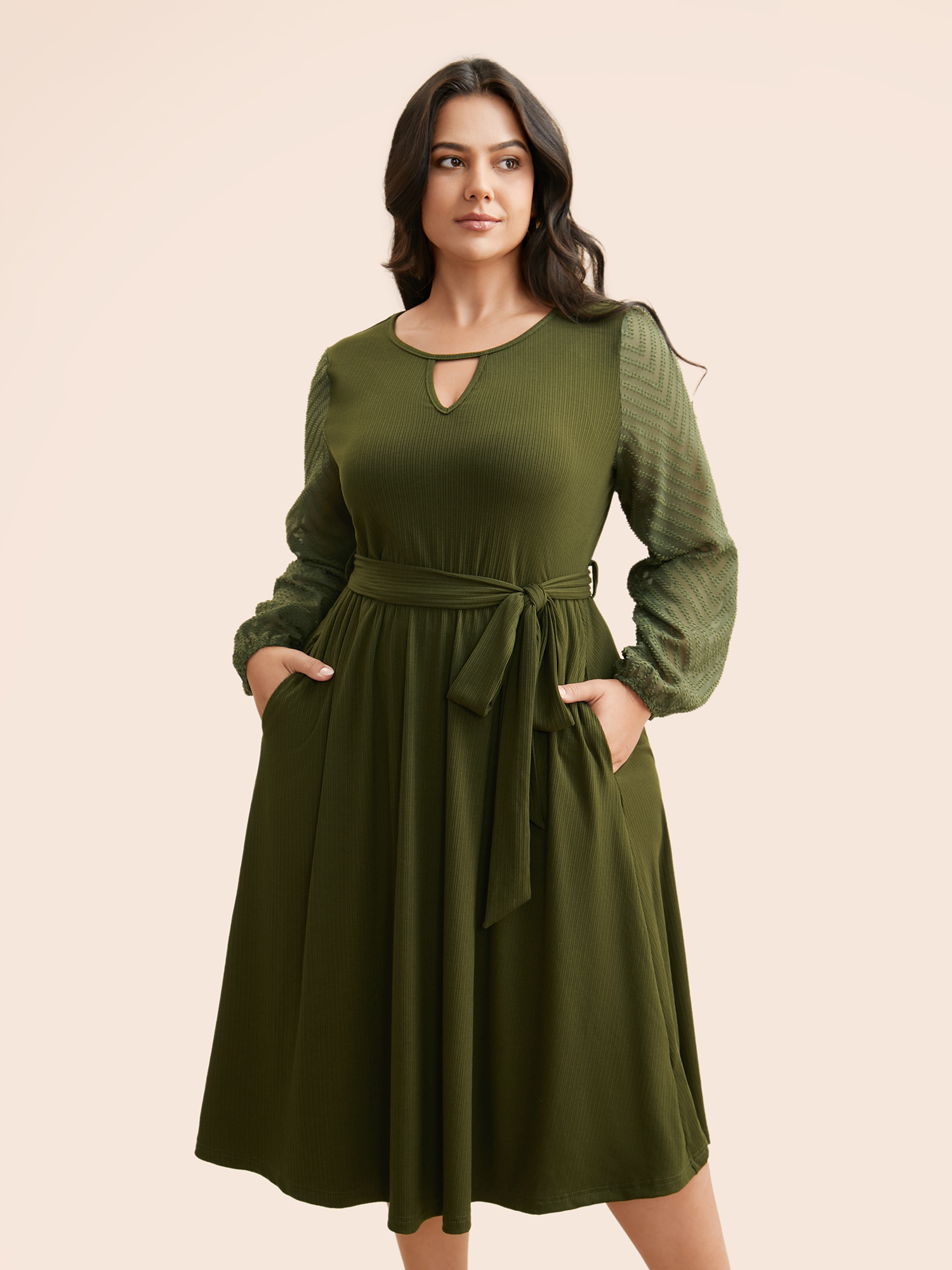 

Plus Size Textured Patchwork Keyhole Belted Dress Moss Women Elegant Texture Round Neck Long Sleeve Curvy BloomChic