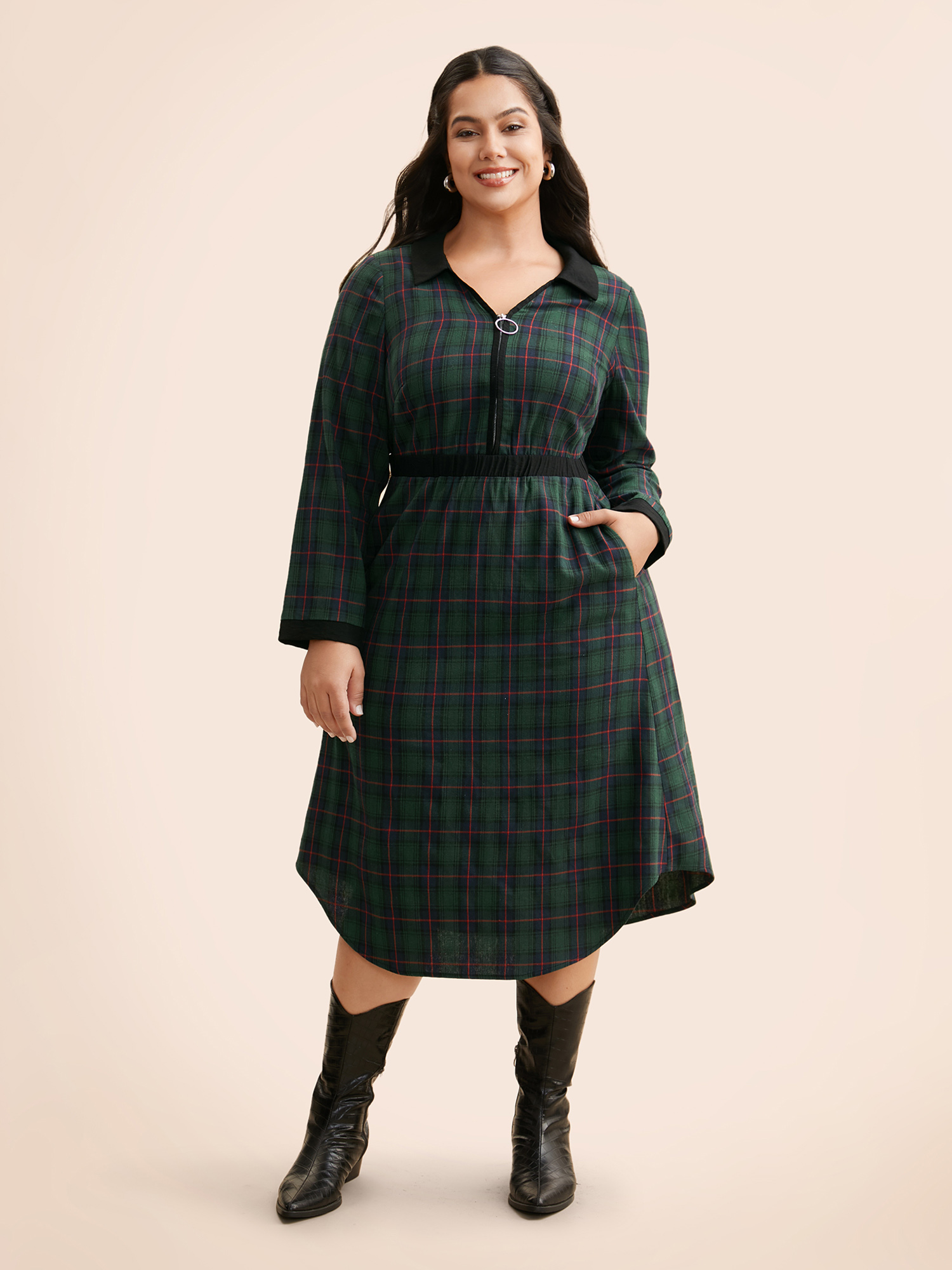 

Plus Size Contrast Plaid O Ring Zipper Dress Emerald Women At the Office Contrast Shirt collar Long Sleeve Curvy BloomChic