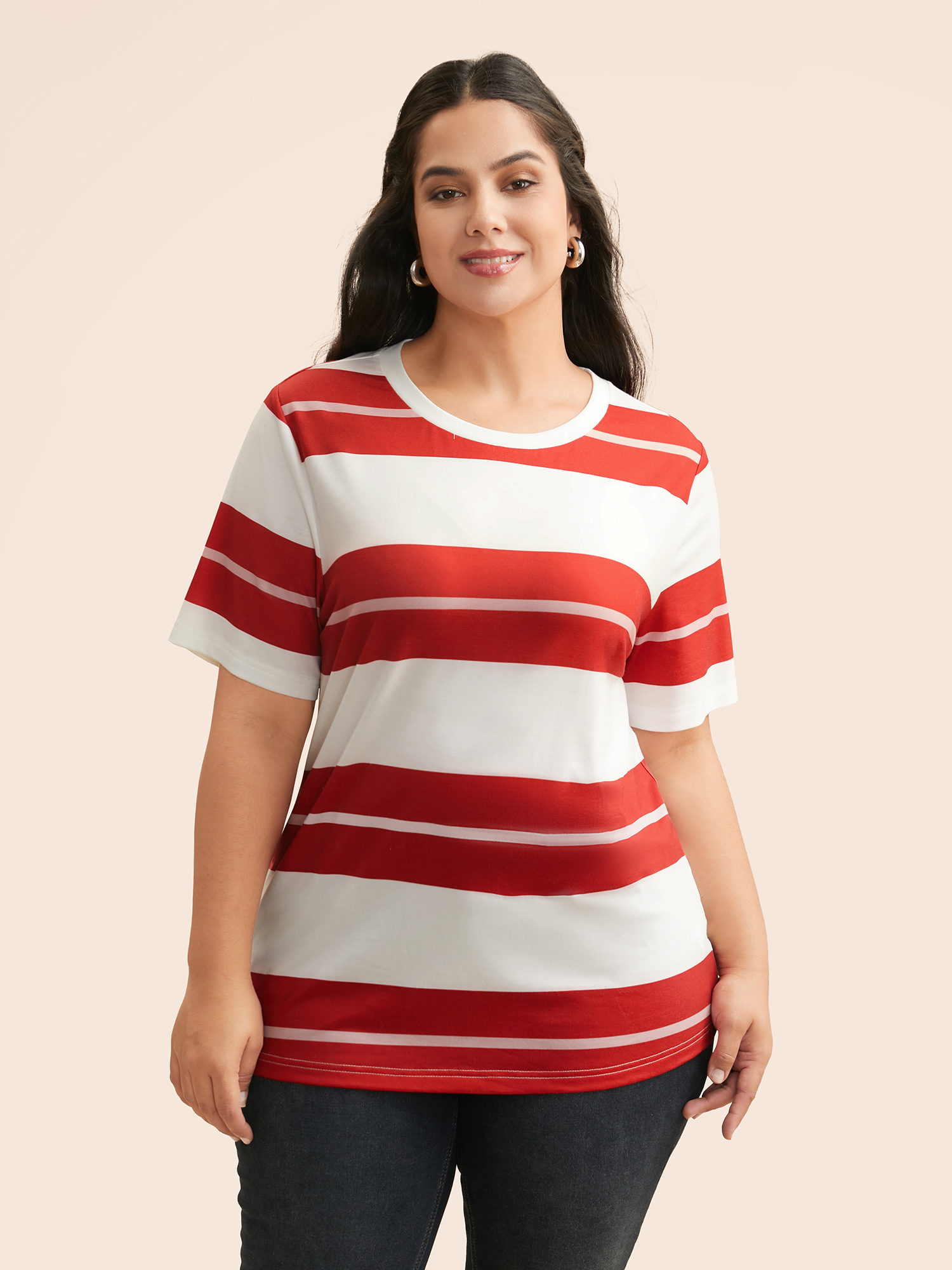 

Plus Size Crew Neck Contrast Striped T-shirt Multicolor Women Casual Contrast Round Neck Everyday T-shirts BloomChic