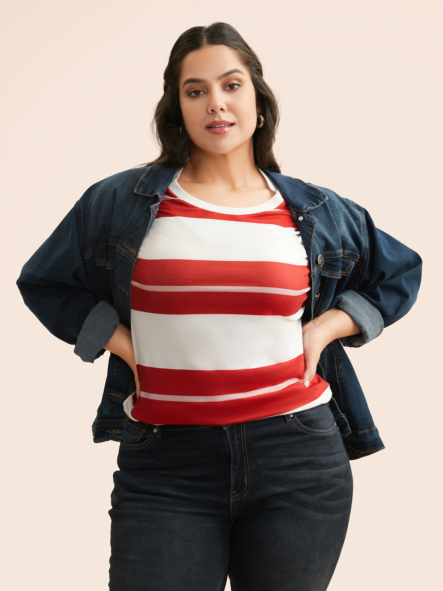 Plus Size Crew Neck Contrast Striped T-shirt Multicolor Women Casual Contrast Round Neck Everyday T-shirts BloomChic 10/M 