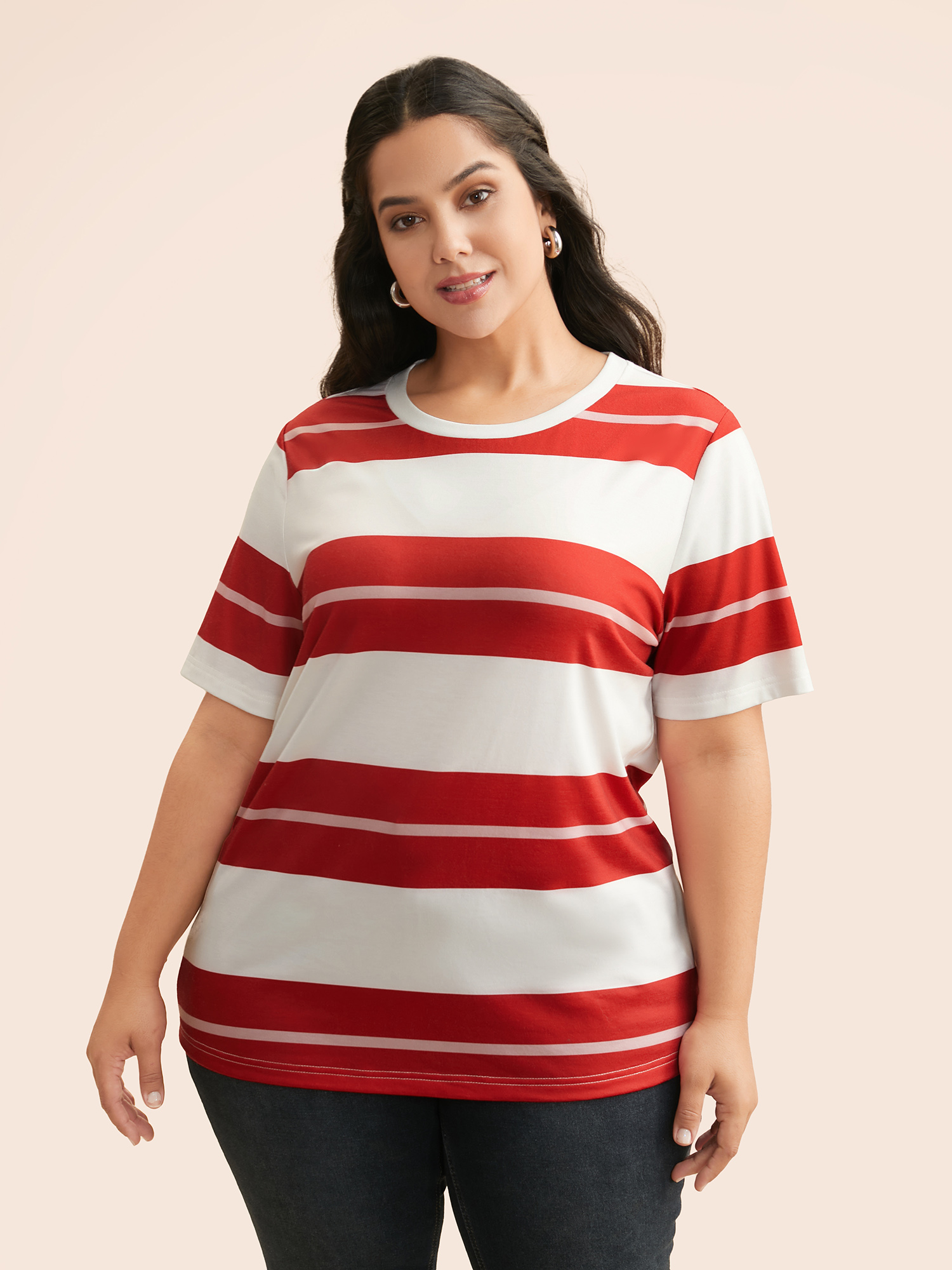 Plus Size Crew Neck Contrast Striped T-shirt Multicolor Women Casual Contrast Round Neck Everyday T-shirts BloomChic 10/M 