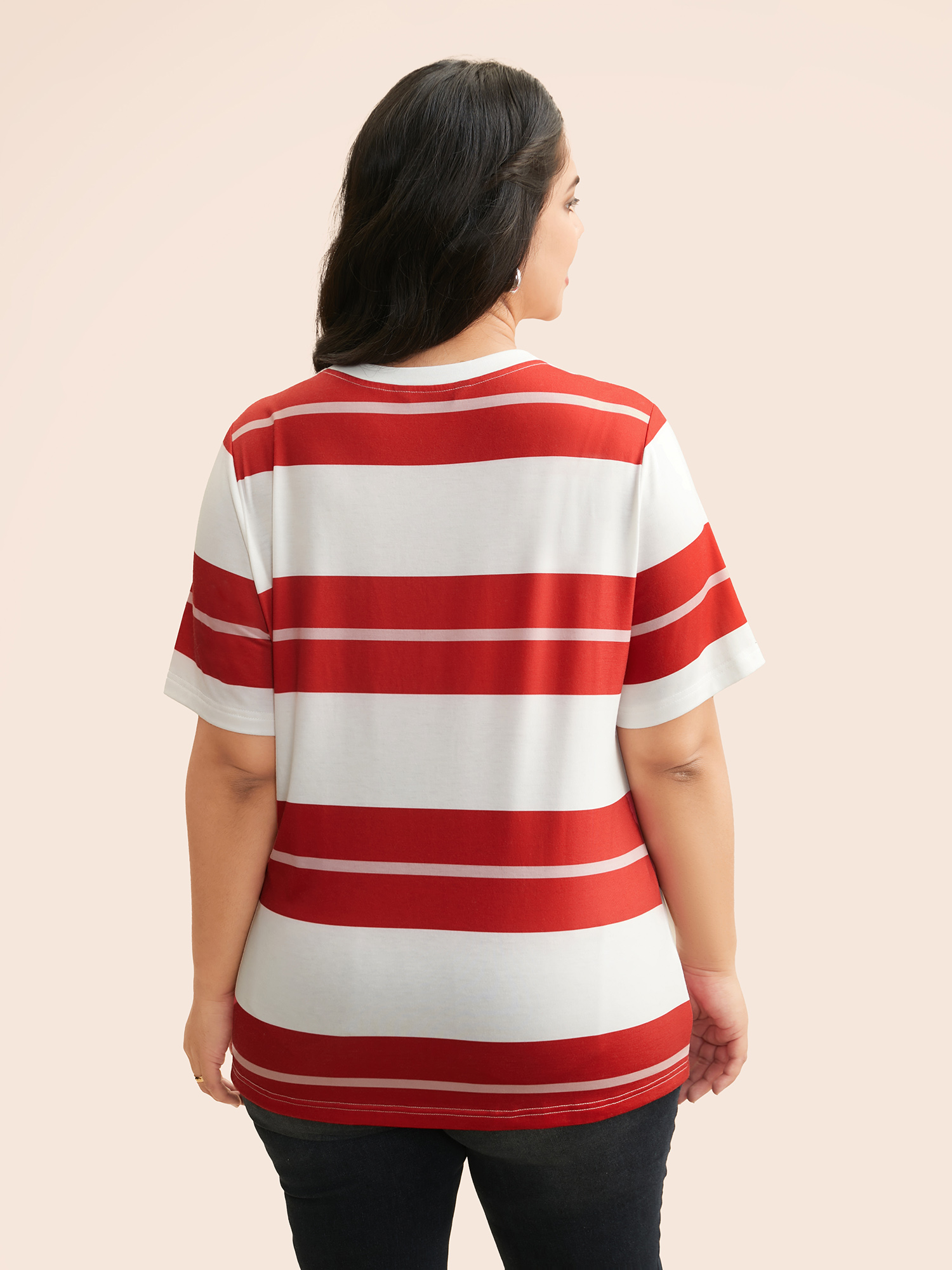 Plus Size Crew Neck Contrast Striped T-shirt Multicolor Women Casual Contrast Round Neck Everyday T-shirts BloomChic 10/M 
