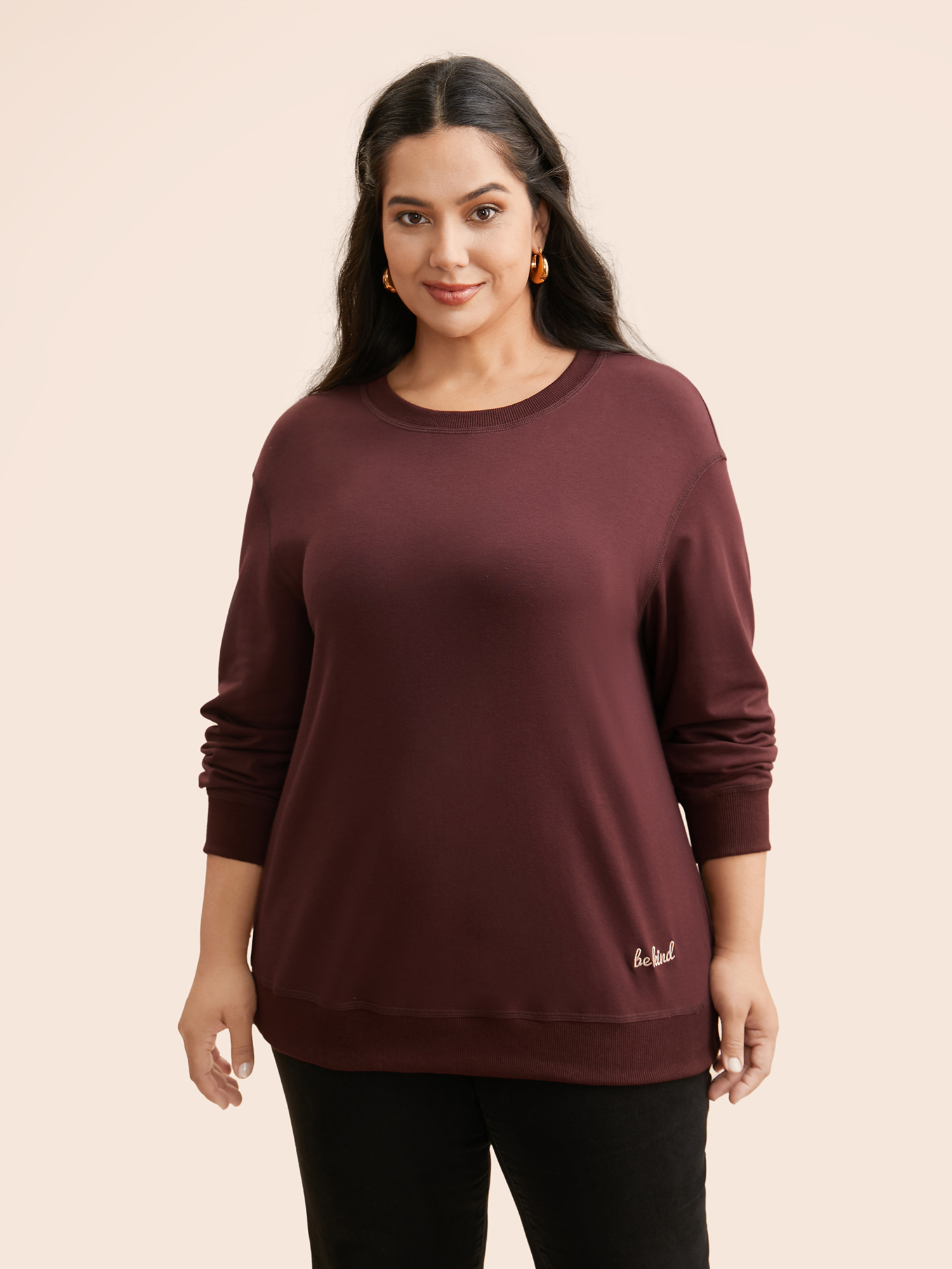 

Plus Size Letter Embroidered Round Neck Sweatshirt Women Maroon Casual Patchwork Loose Round Neck Everyday Sweatshirts BloomChic