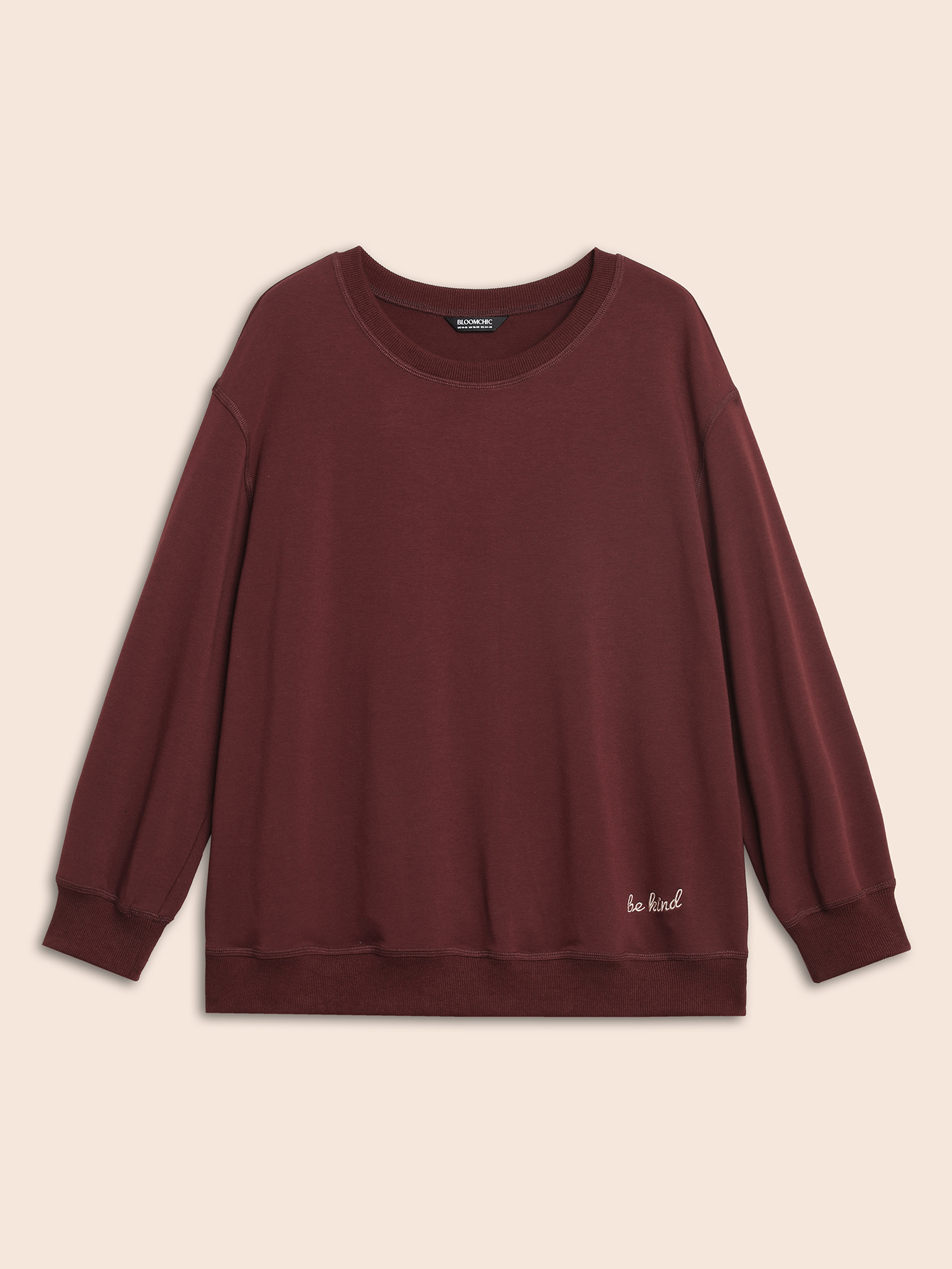 

Plus Size Letter Embroidered Round Neck Sweatshirt Women Maroon Casual Patchwork Loose Round Neck Everyday Sweatshirts BloomChic