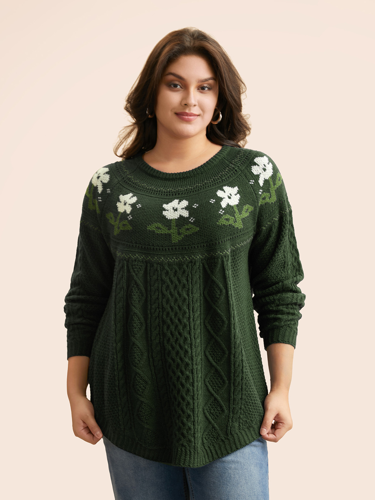 

Plus Size Floral Jacquard Raglan Sleeve Pullover DarkGreen Women Casual Long Sleeve Round Neck Everyday Pullovers BloomChic