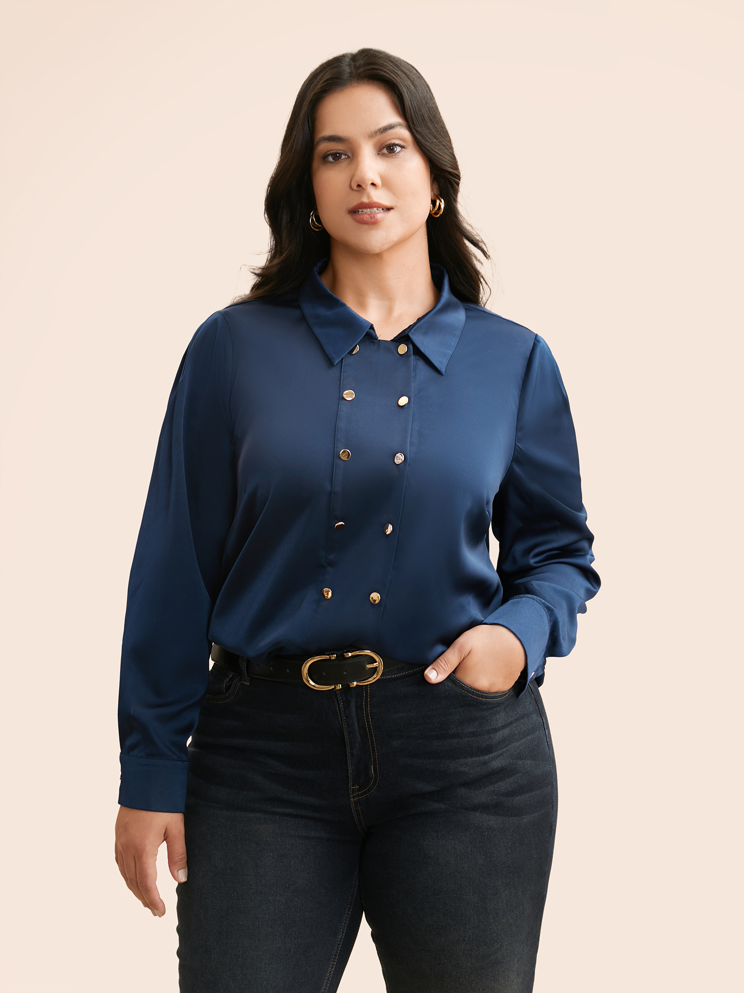 

Plus Size Indigo Shirt Collar Metal Detail Blouse Women Elegant Long Sleeve Shirt collar Everyday Blouses BloomChic