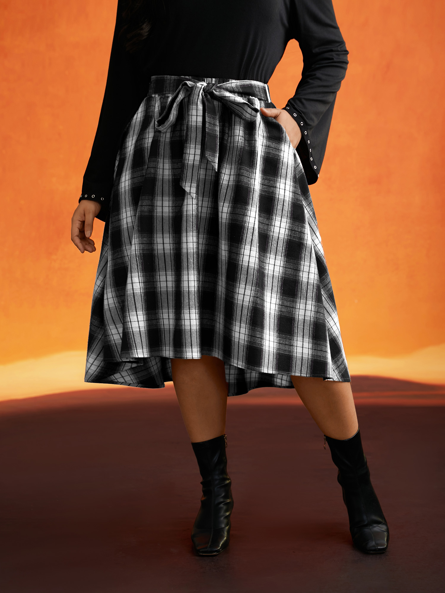 

Plus Size Plaid Waist Tie Halloween A-Line Skirt Women Black Elegant Tie knot No stretch Slanted pocket Belt Everyday Skirts BloomChic