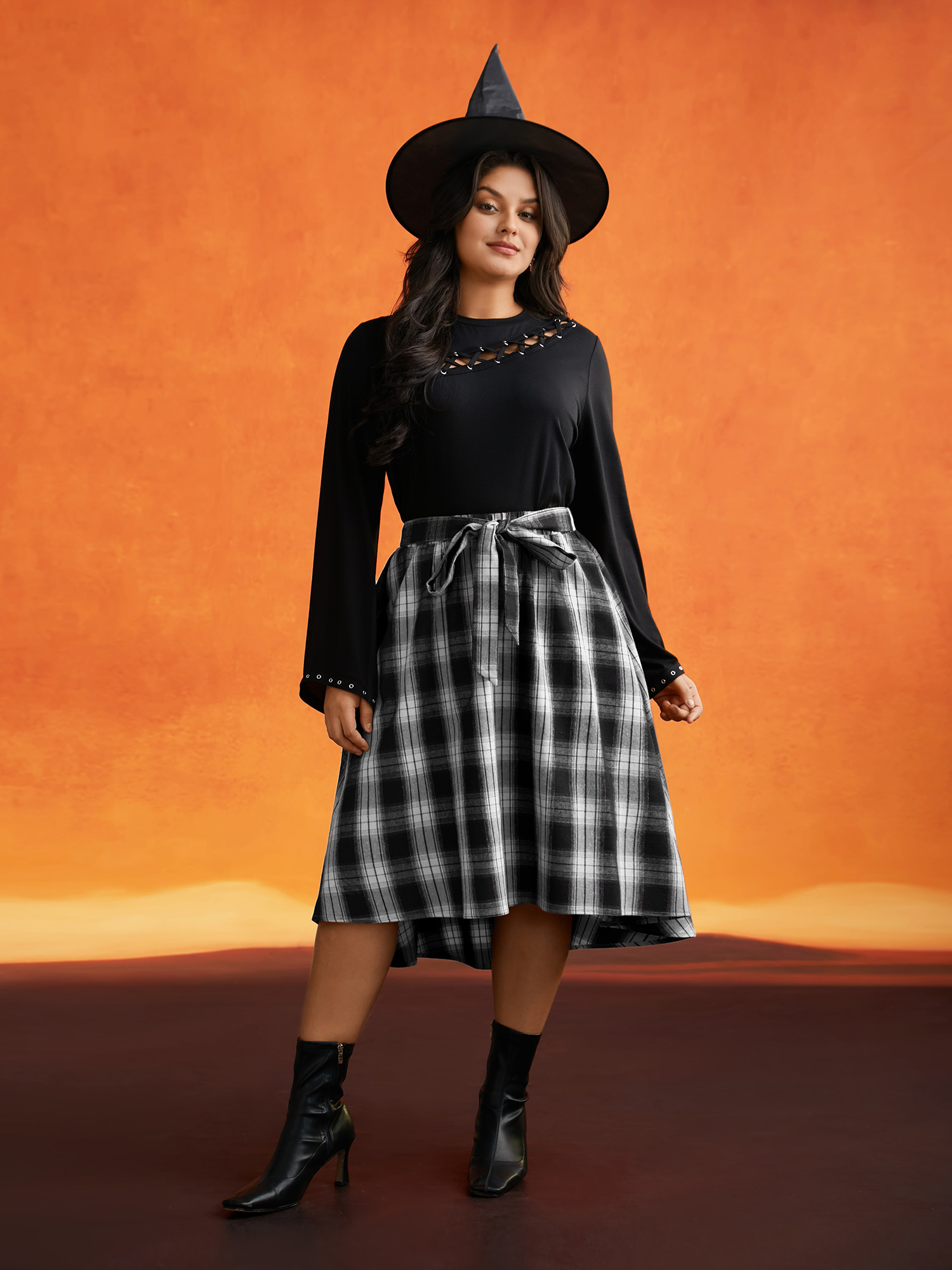 

Plus Size Plaid Waist Tie Halloween A-Line Skirt Women Black Elegant Tie knot No stretch Slanted pocket Belt Everyday Skirts BloomChic