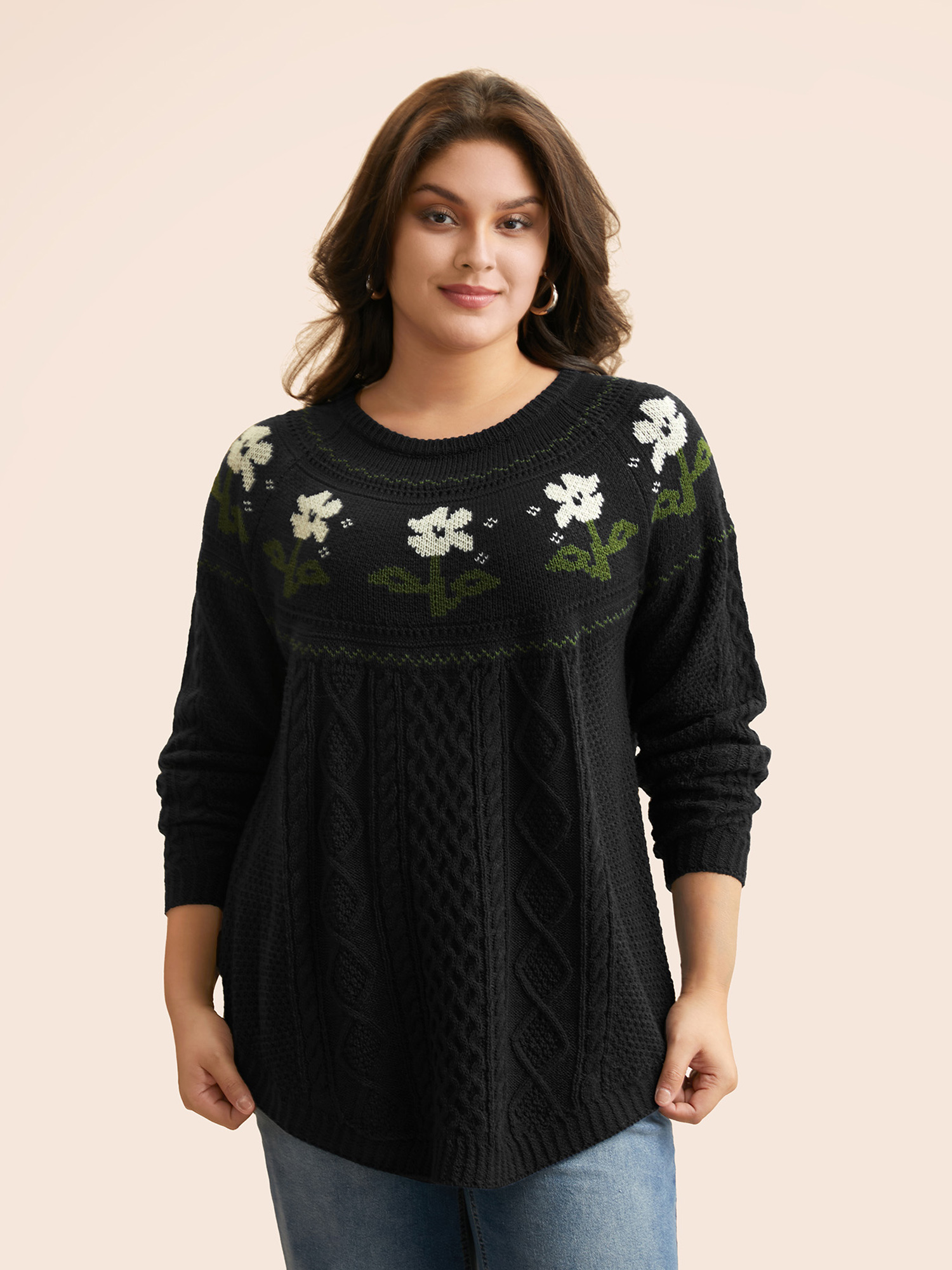 

Plus Size Floral Jacquard Raglan Sleeve Pullover Black Women Casual Long Sleeve Round Neck Everyday Pullovers BloomChic