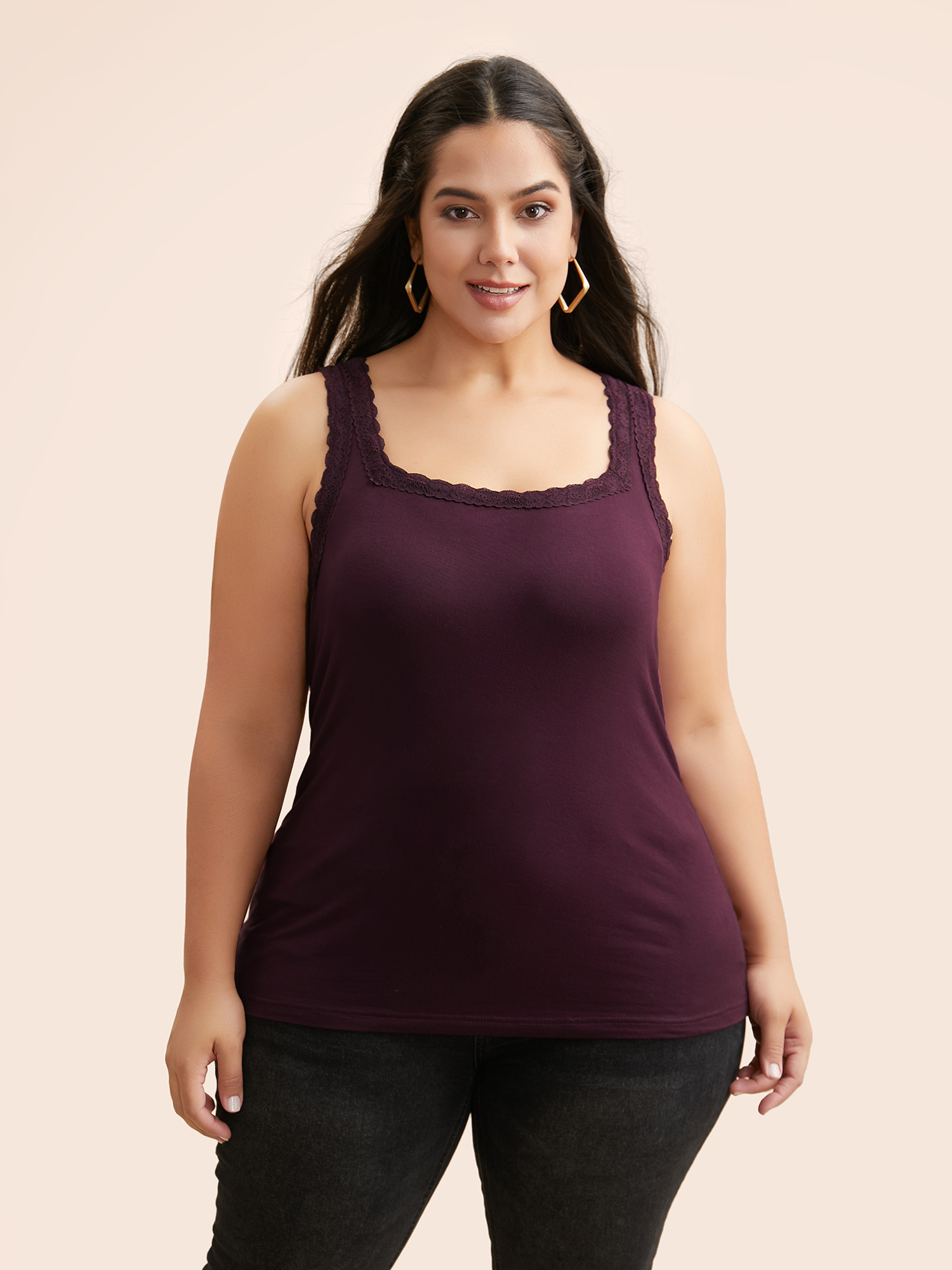 

Plus Size Square Neck Lace Panel Gathered Tank Top Women Eggplant Casual Patchwork Square Neck Everyday Tank Tops Camis BloomChic