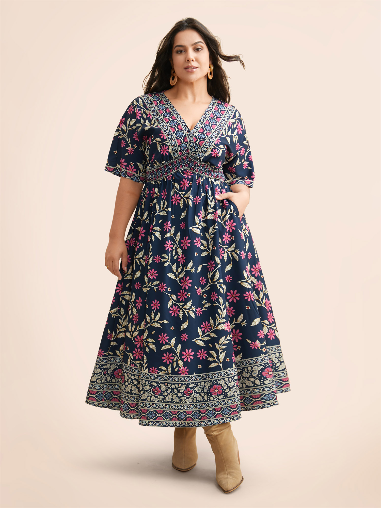 

Plus Size Boho Print Overlap Collar Shirred Dress DarkBlue Women Resort Shirred Overlap Collar Half Sleeve Curvy BloomChic