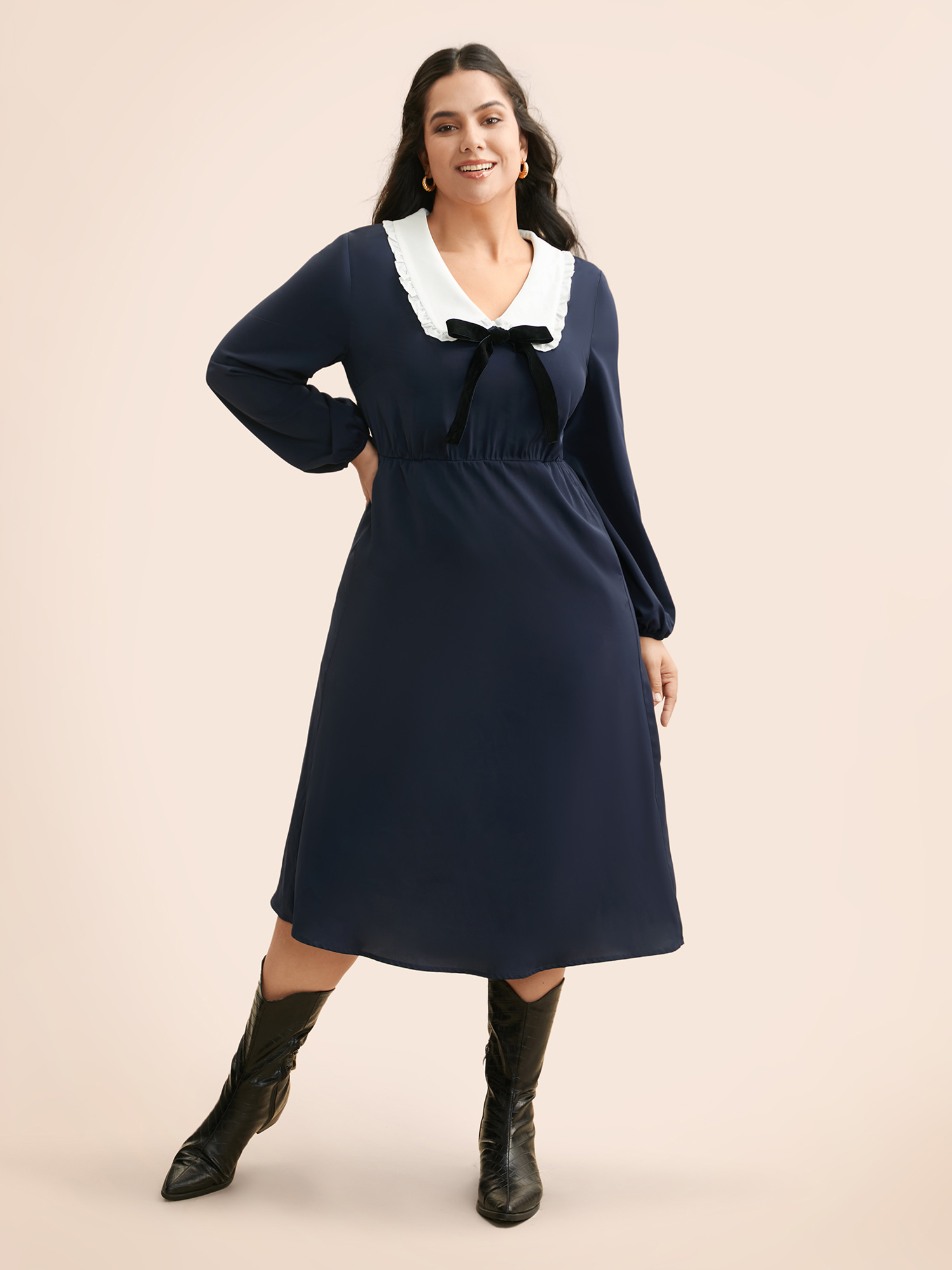 

Plus Size Lapel Collar Bowknot Frill Trim Dress Navy Women Elegant Contrast Peter Pan collar Long Sleeve Curvy BloomChic