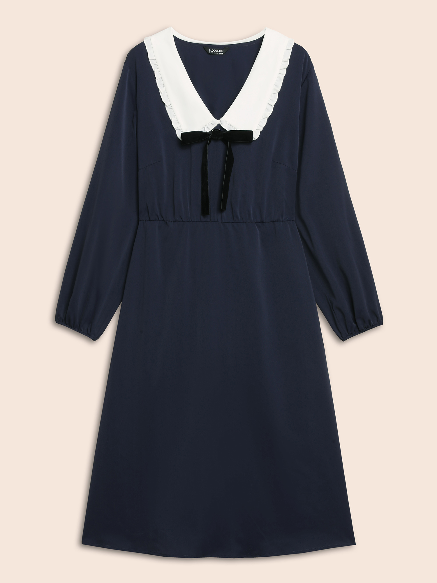 

Plus Size Lapel Collar Bowknot Frill Trim Dress Navy Women Elegant Contrast Peter Pan collar Long Sleeve Curvy BloomChic