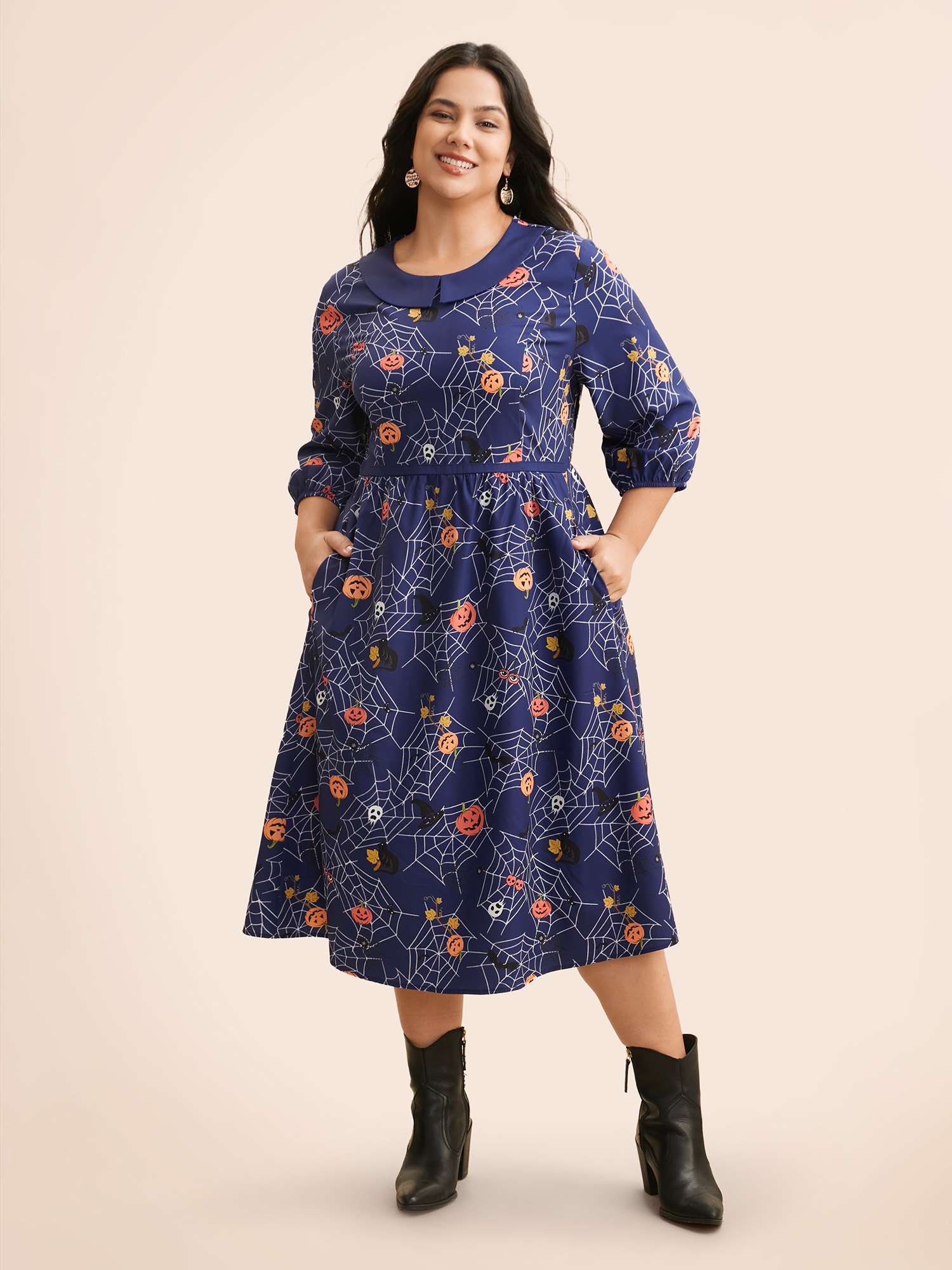 

Plus Size Pumpkin Patch Retro Collared Midi Dress DarkBlue Women Cocktail Contrast Party Curvy Bloomchic