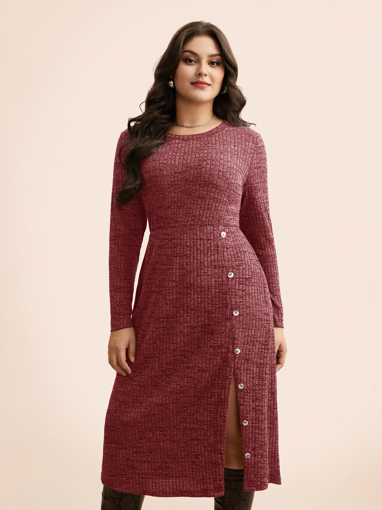 

Plus Size Crew Neck Button Detail Split Hem Dress Burgundy Women Casual Texture Round Neck Long Sleeve Curvy BloomChic