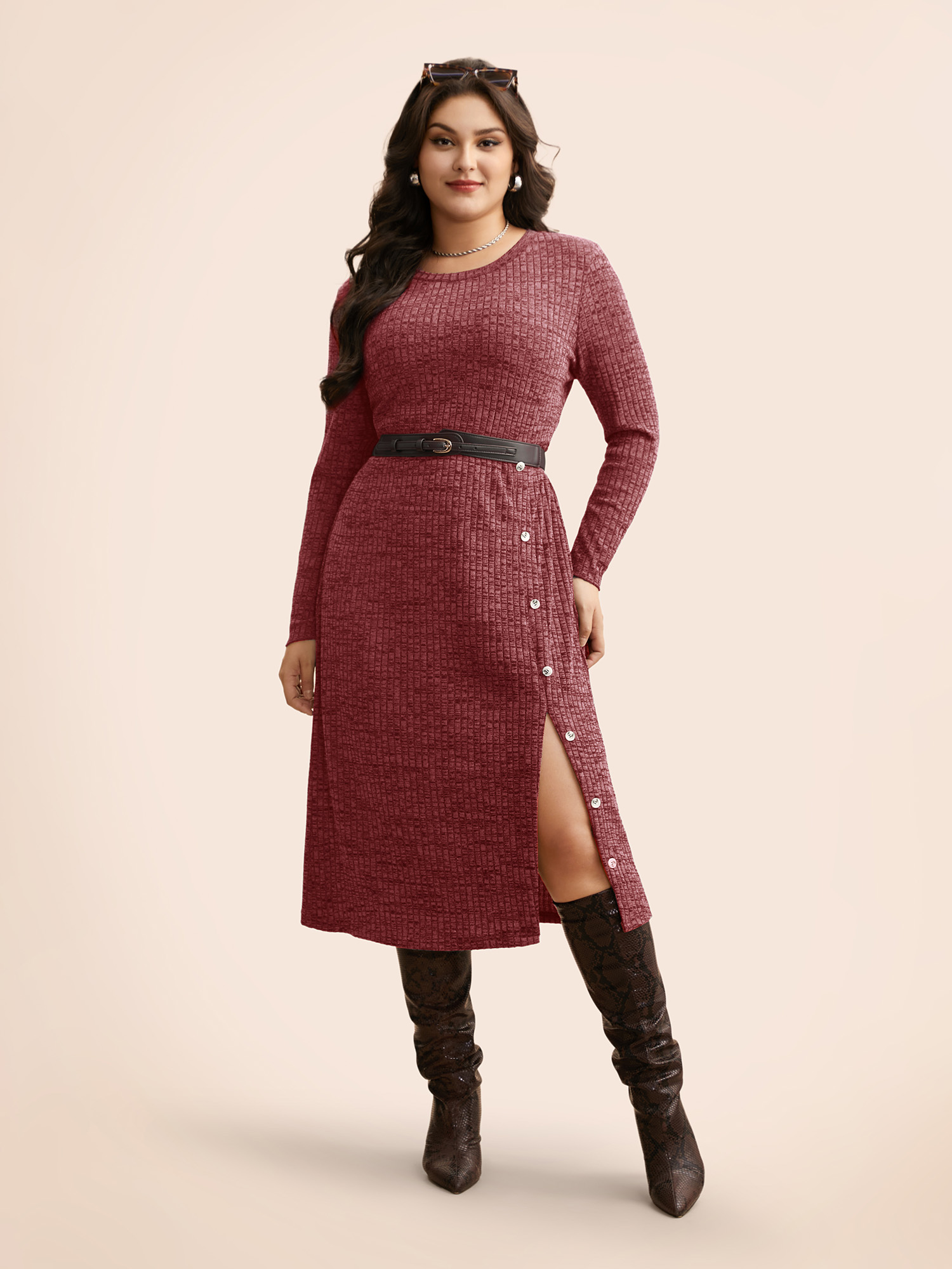 

Plus Size Crew Neck Button Detail Split Hem Dress Burgundy Women Casual Texture Round Neck Long Sleeve Curvy BloomChic