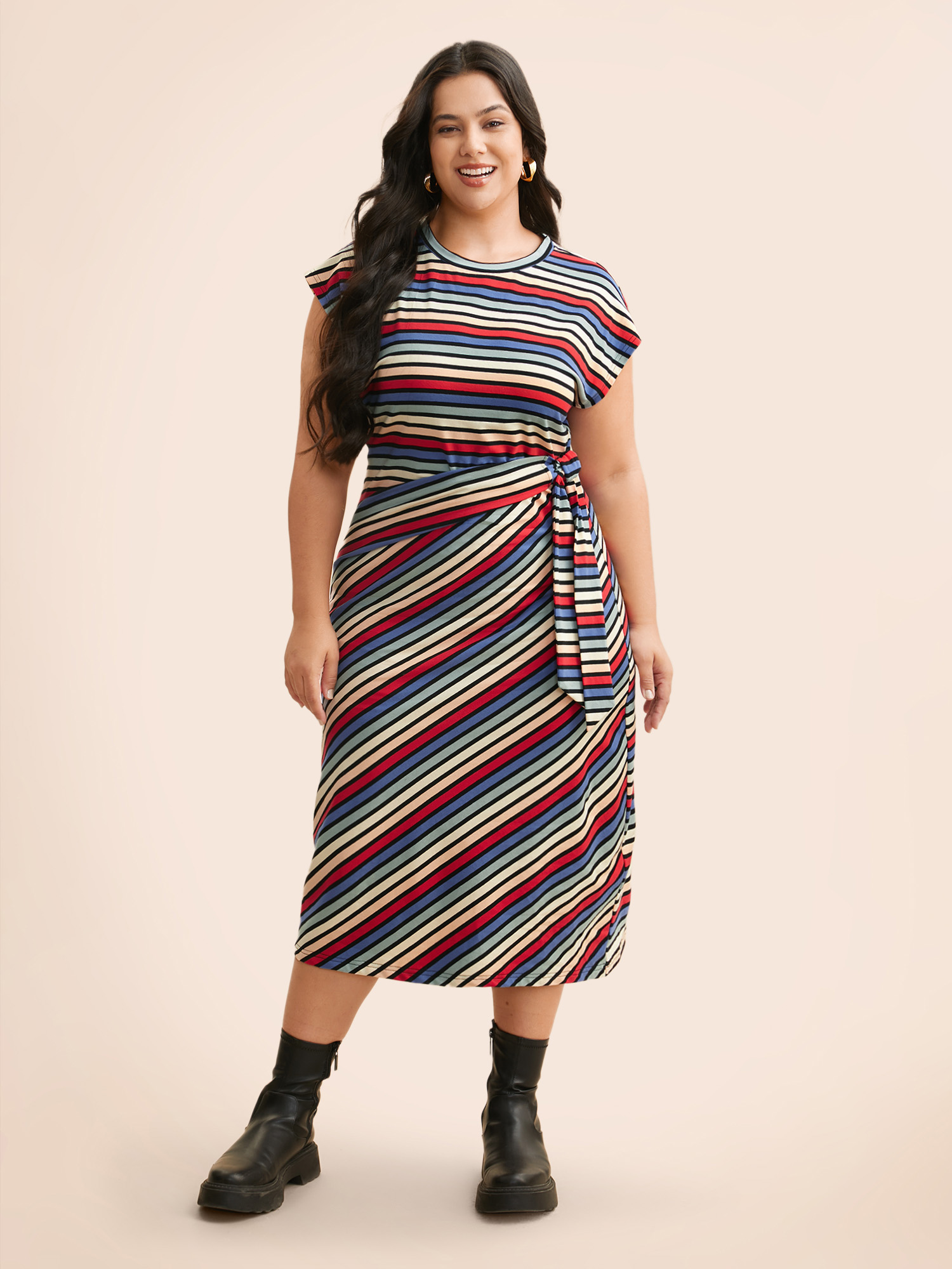 

Plus Size Colored Striped Tie Knot Cap Sleeve Dress Multicolor Women Casual Tie knot Boat Neck Cap Sleeve Curvy BloomChic