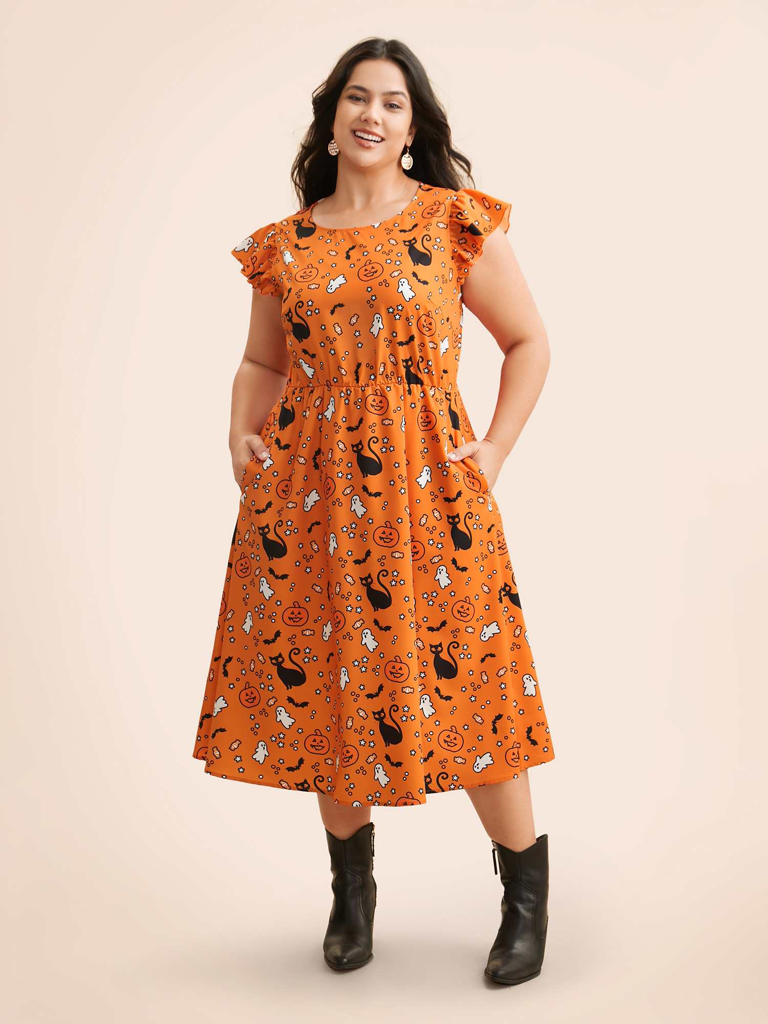 

Plus Size Pumpkin Printed Ruffle Sleeves Midi Dress Brightorange Women Casual Ruffles Party Curvy Bloomchic