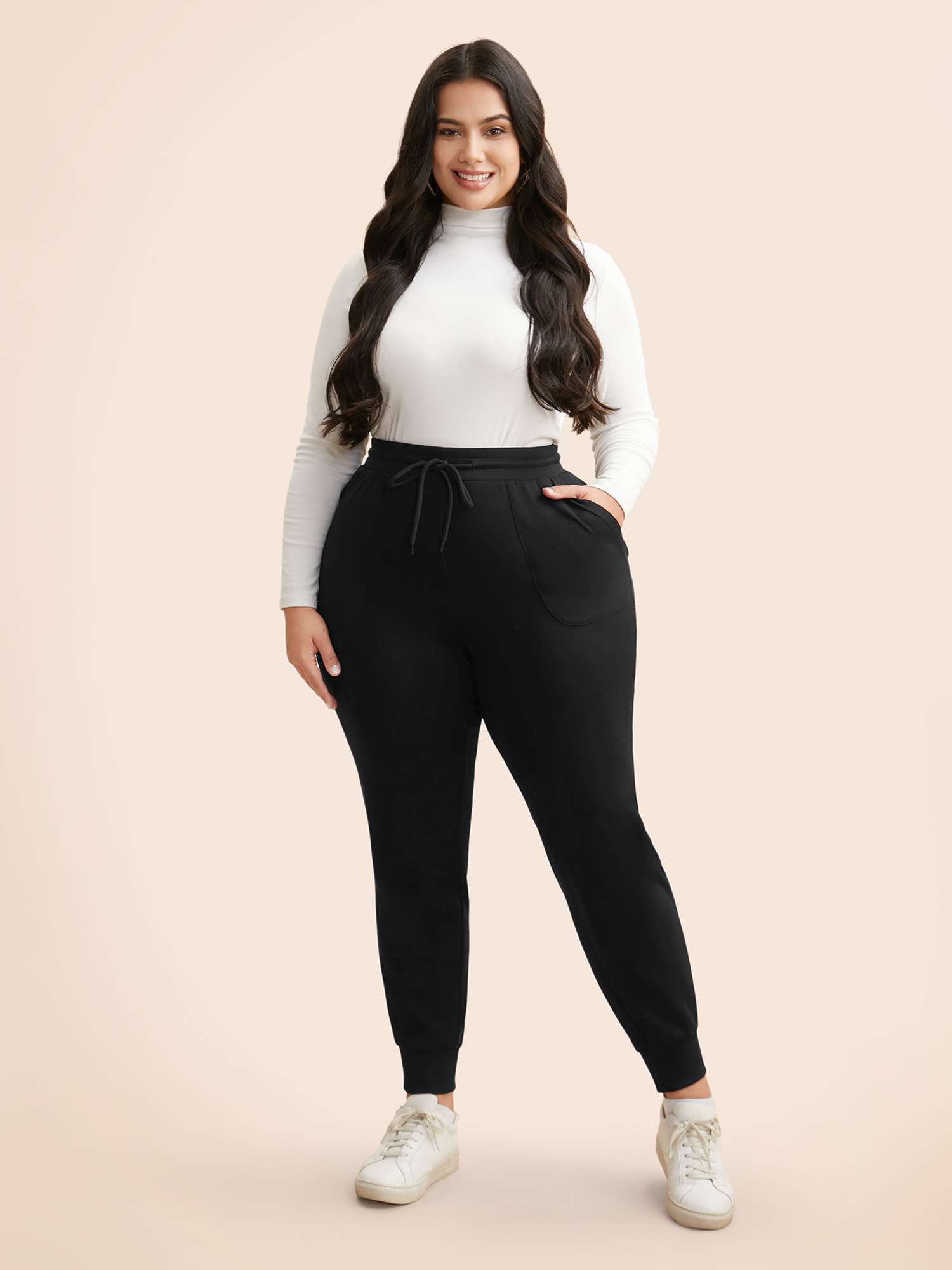 

Plus Size Plain Drawstring Medium Stretch Pants Women Black Casual Mid Rise Everyday Pants BloomChic