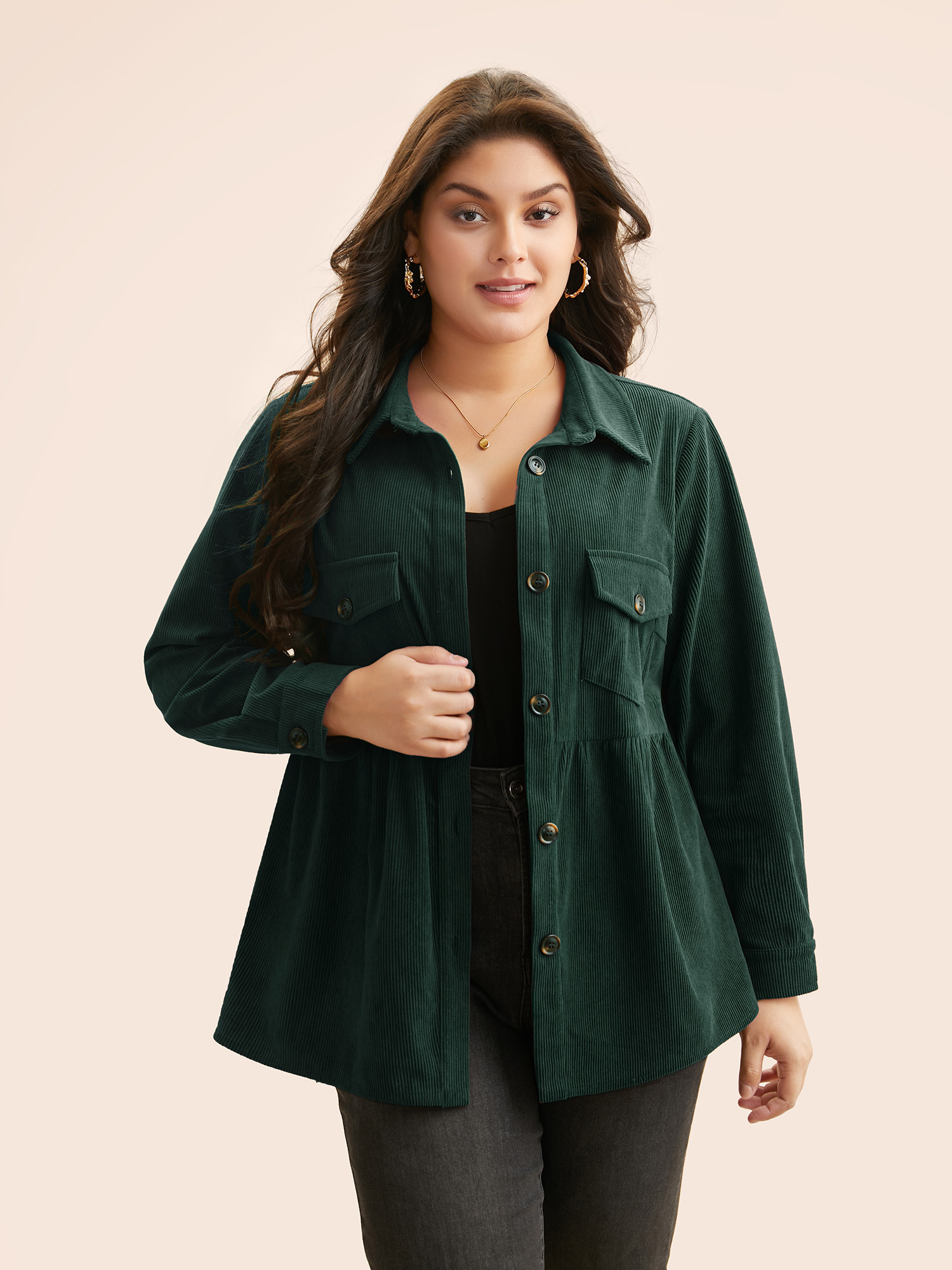 

Plus Size Corduroy Flap Detail Gathered Jacket Women DarkGreen Gathered Everyday Jackets BloomChic