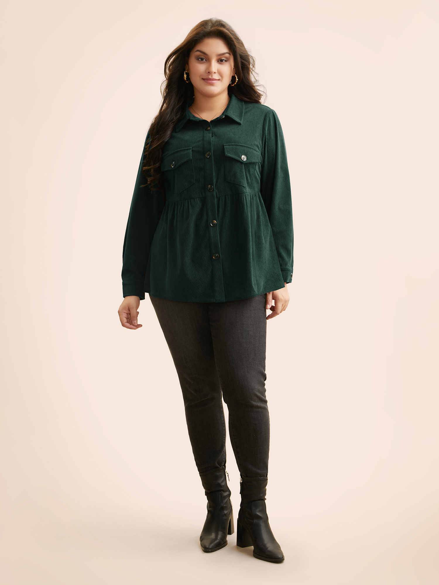 

Plus Size Corduroy Flap Detail Gathered Jacket Women DarkGreen Gathered Everyday Jackets BloomChic