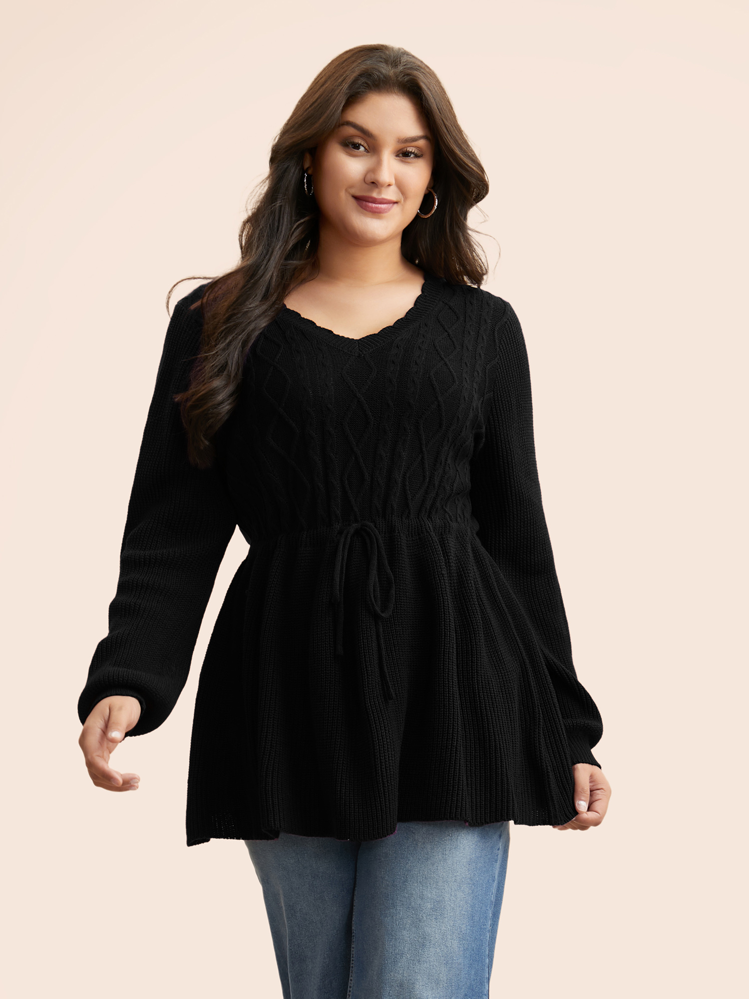 

Plus Size V Neck Cable Knit Drawstring Pullover Black Women Casual Long Sleeve V-neck Everyday Pullovers BloomChic