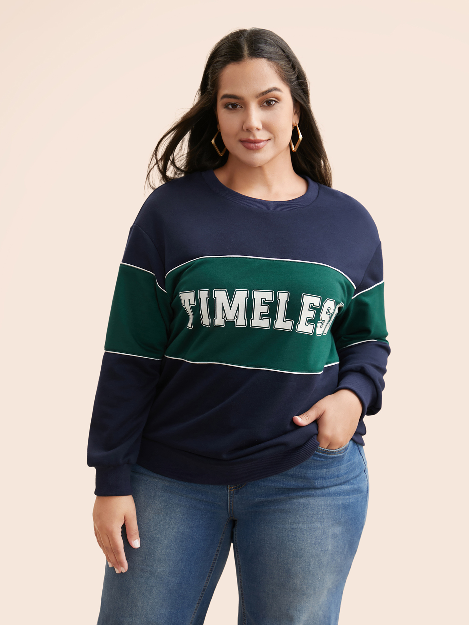 

Plus Size Crew Neck Letter Print Contrast Sweatshirt Women Navy Casual Contrast Round Neck Everyday Sweatshirts BloomChic