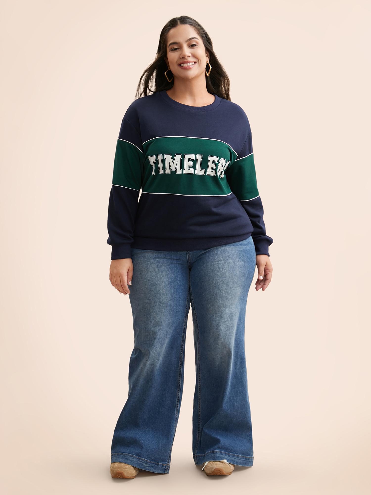 

Plus Size Crew Neck Letter Print Contrast Sweatshirt Women Navy Casual Contrast Round Neck Everyday Sweatshirts BloomChic