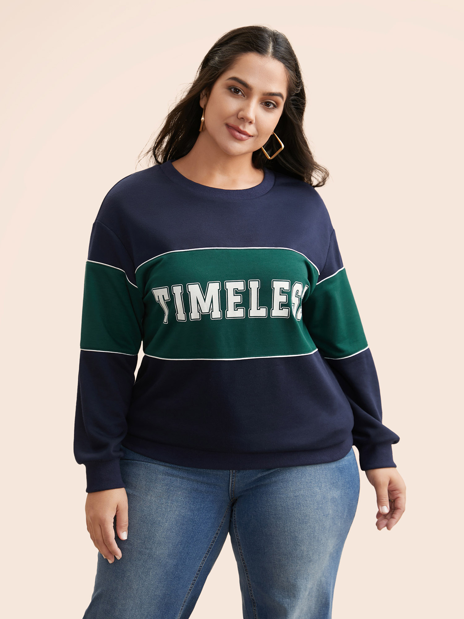 Plus Size Crew Neck Letter Print Contrast Sweatshirt Women Navy Casual Contrast Round Neck Everyday Sweatshirts BloomChic 10/M 