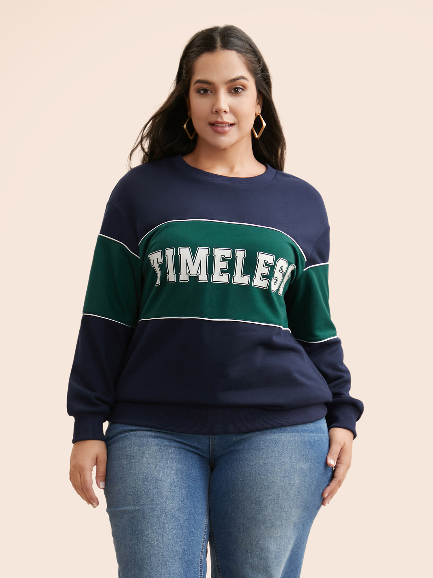 Plus Size Crew Neck Letter Print Contrast Sweatshirt Women Navy Casual Contrast Round Neck Everyday Sweatshirts BloomChic 10/M 