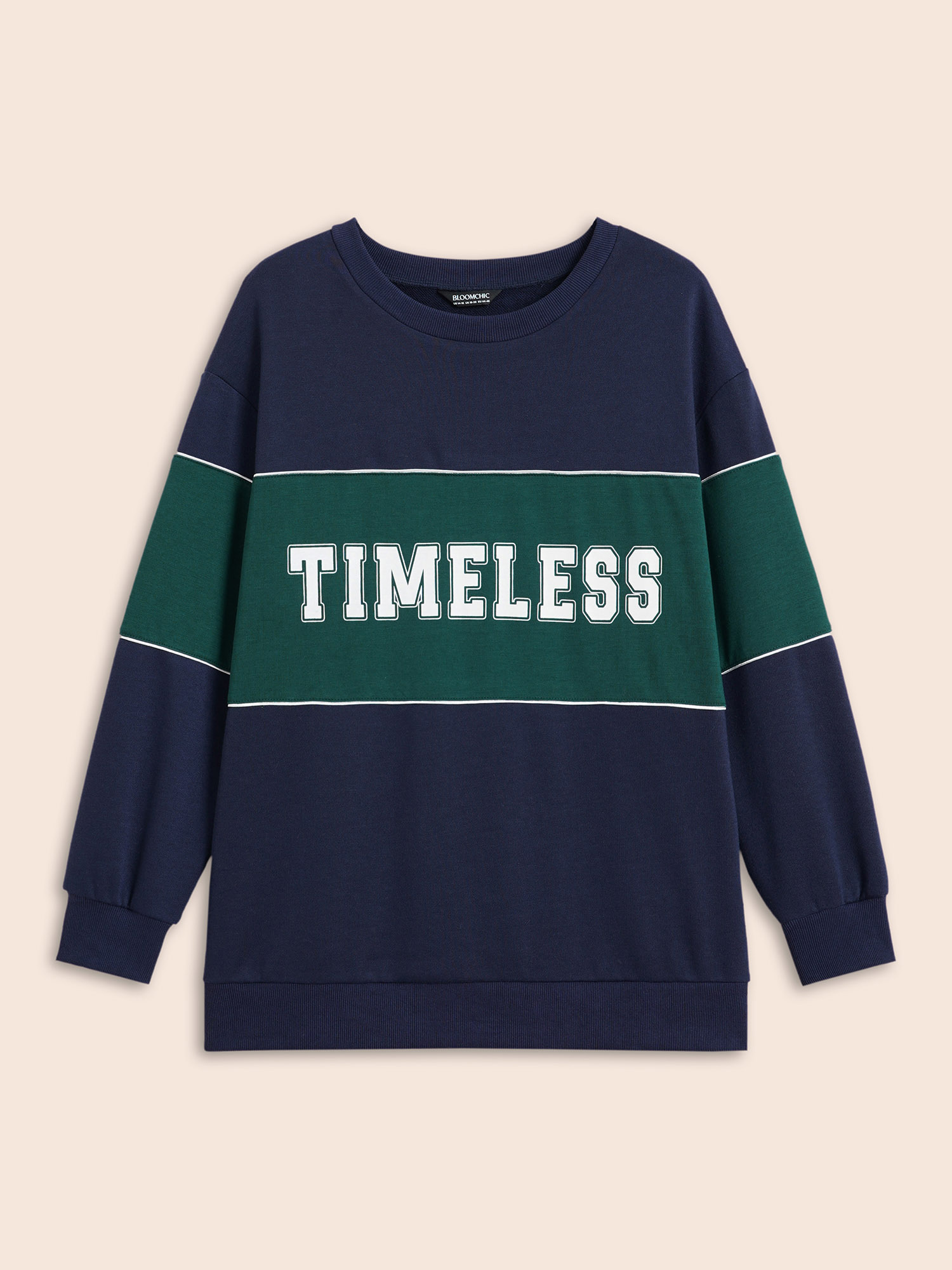 Plus Size Crew Neck Letter Print Contrast Sweatshirt Women Navy Casual Contrast Round Neck Everyday Sweatshirts BloomChic 10/M 