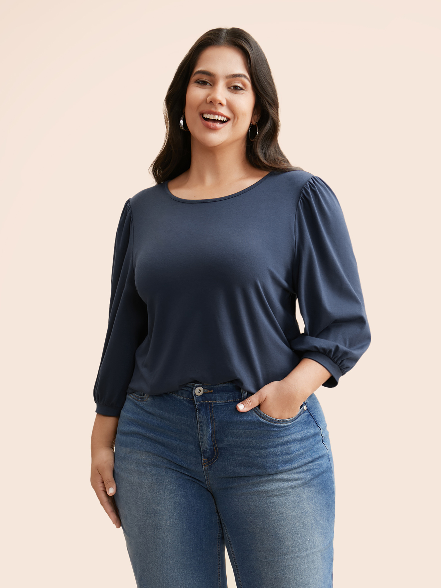 

Plus Size Supersoft Essentials Lantern Sleeves T-shirt Indigo Women Casual Gathered Round Neck Everyday T-shirts BloomChic