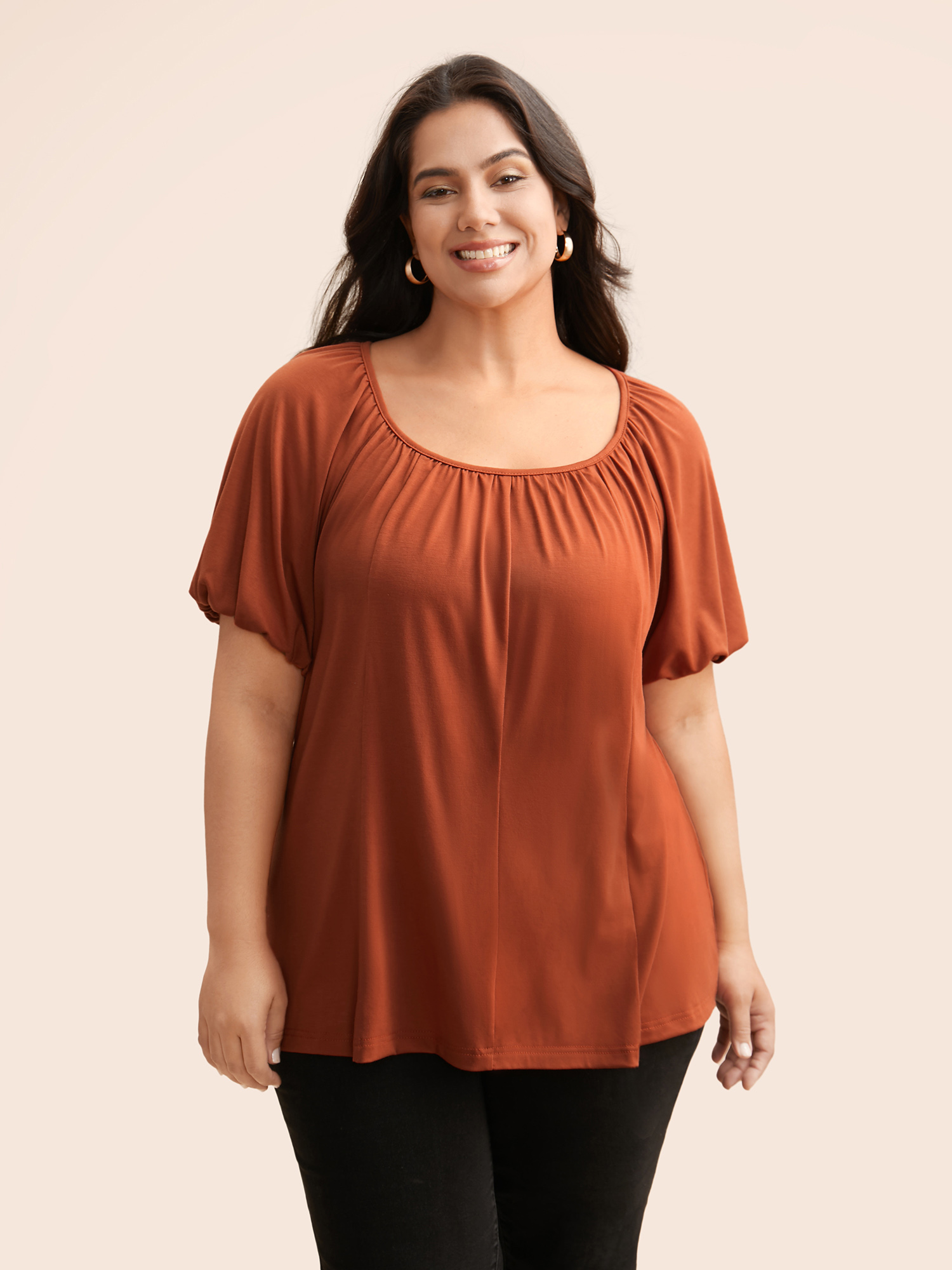 

Plus Size Supersoft Essentials Bubble Sleeves T-shirt Rust Women Elegant Gathered Round Neck Loose Everyday T-shirts BloomChic