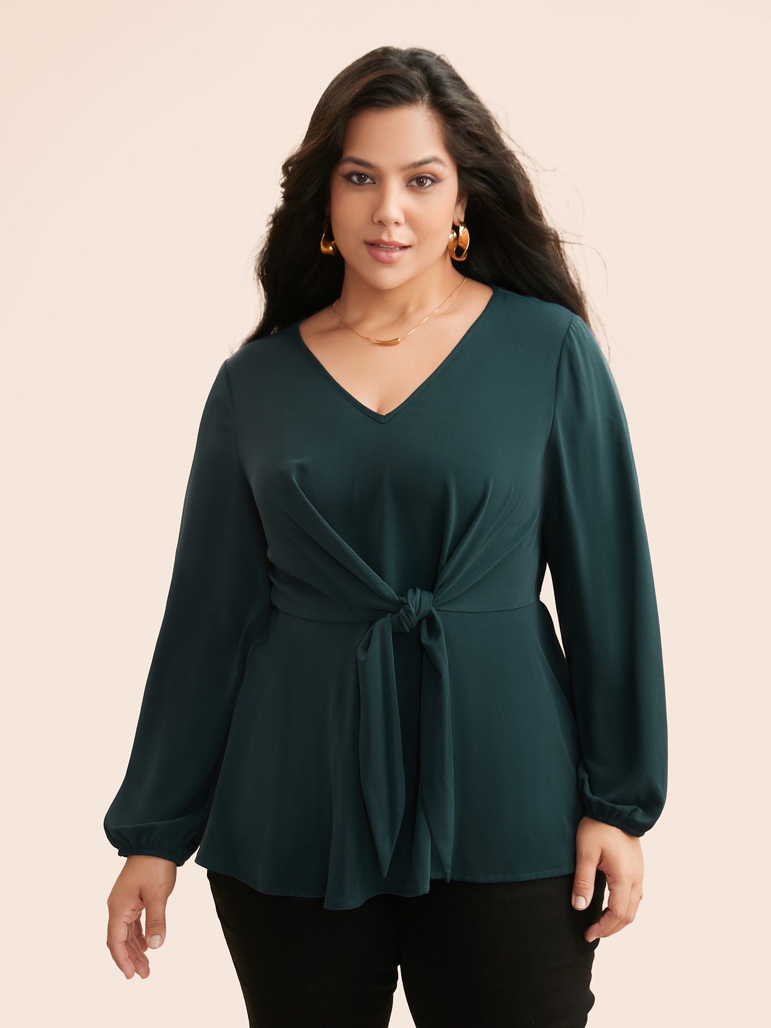 

Plus Size Cyan V Neck Tie Knot Gathered Blouse Women At the Office Long Sleeve V-neck Work Blouses BloomChic