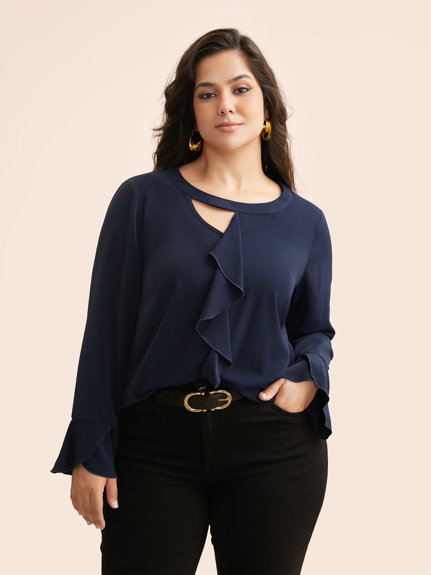 

Plus Size Indigo Solid Cut Out Ruffle Trim Blouse Women At the Office Long Sleeve Round Neck Work Blouses BloomChic