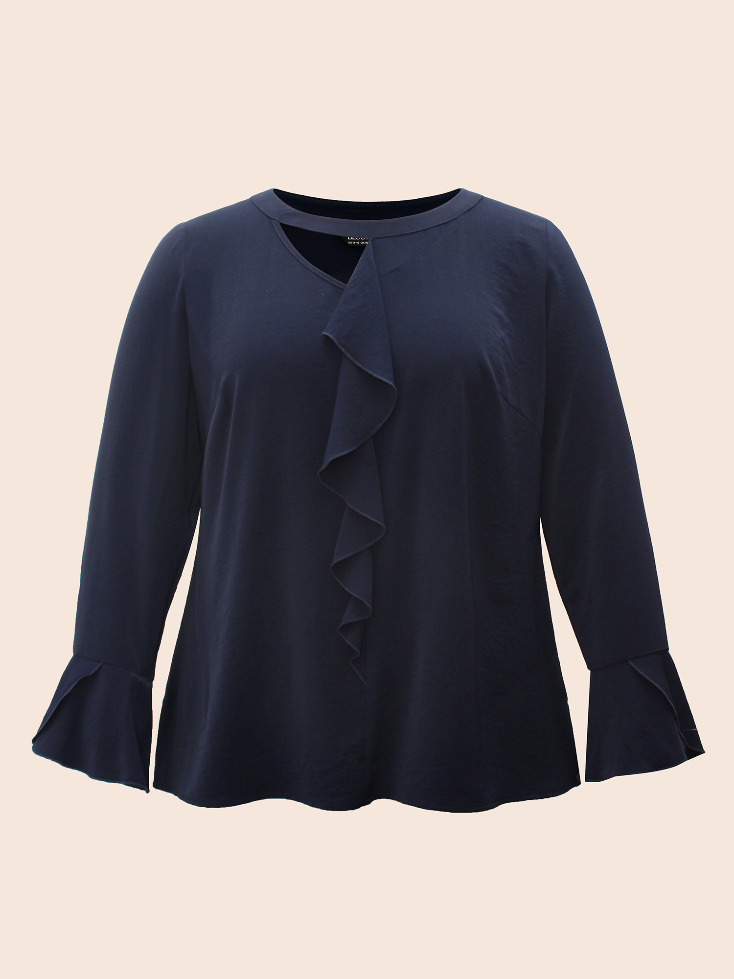 

Plus Size Indigo Solid Cut Out Ruffle Trim Blouse Women At the Office Long Sleeve Round Neck Work Blouses BloomChic