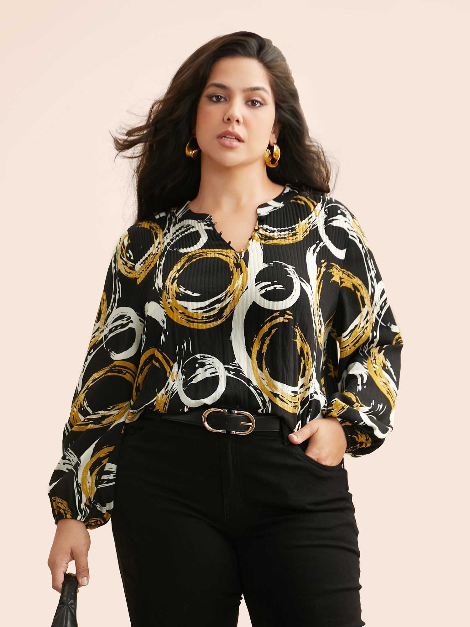 

Plus Size BlackFlower Brush Print Pleated Lantern Sleeve Blouse Women At the Office Long Sleeve V-neck Work Blouses BloomChic