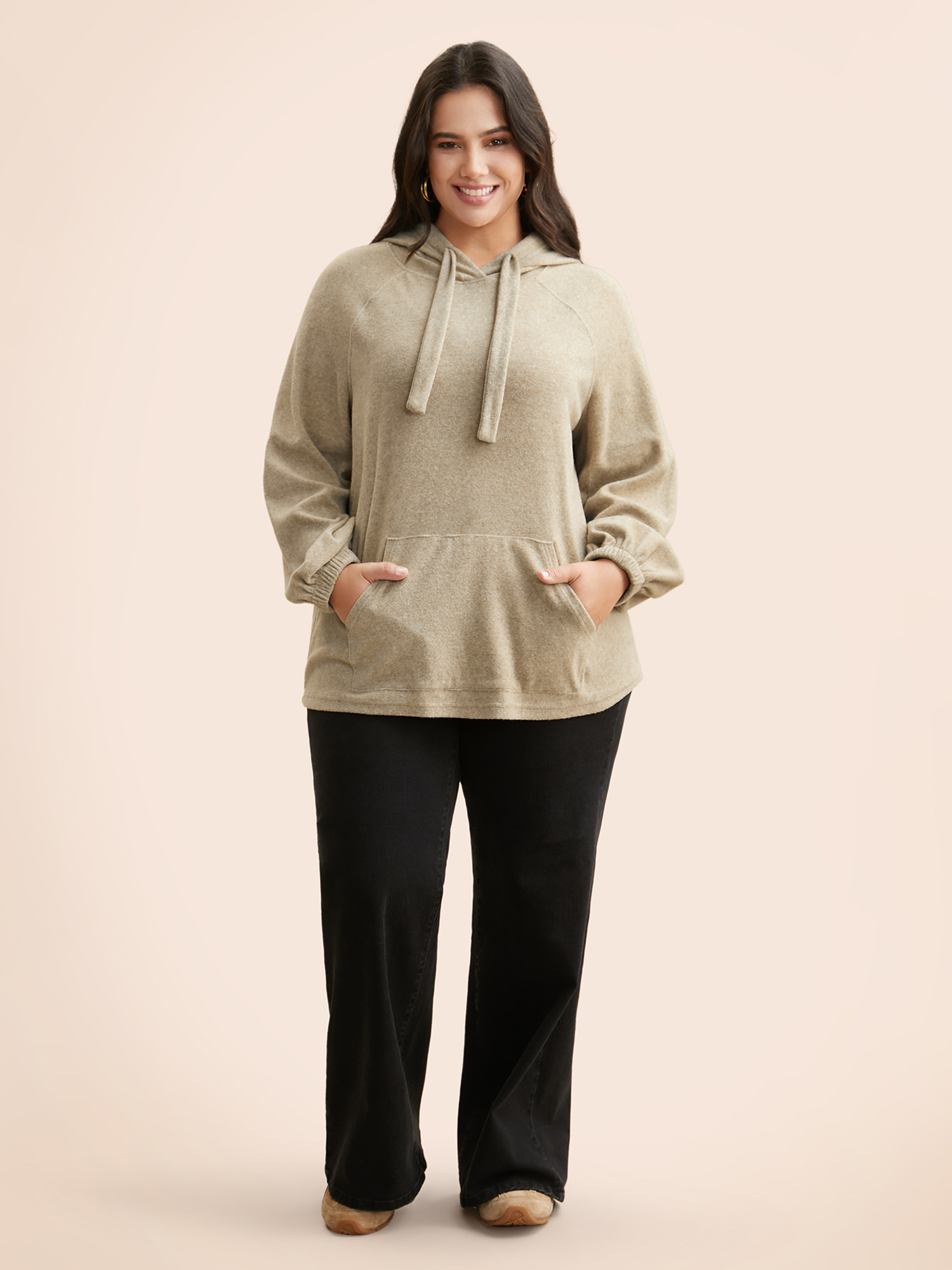 Plus Size Airy Cozy Relaxed Fit Hooded Sweatshirt Women Tan Casual Drawstring Loose Hooded Everyday Sweatshirts BloomChic 10/M 