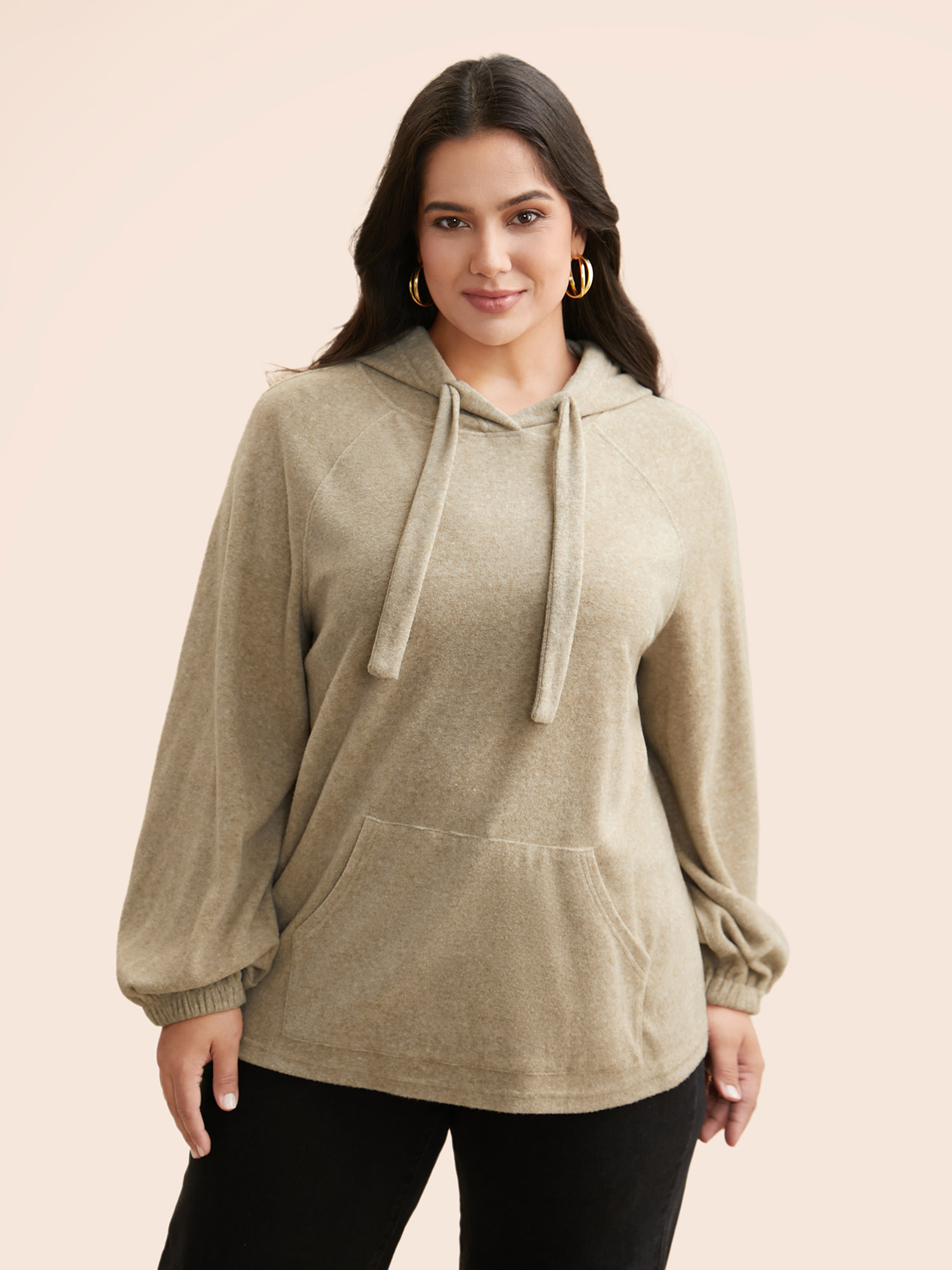 Plus Size Airy Cozy Relaxed Fit Hooded Sweatshirt Women Tan Casual Drawstring Loose Hooded Everyday Sweatshirts BloomChic 10/M 