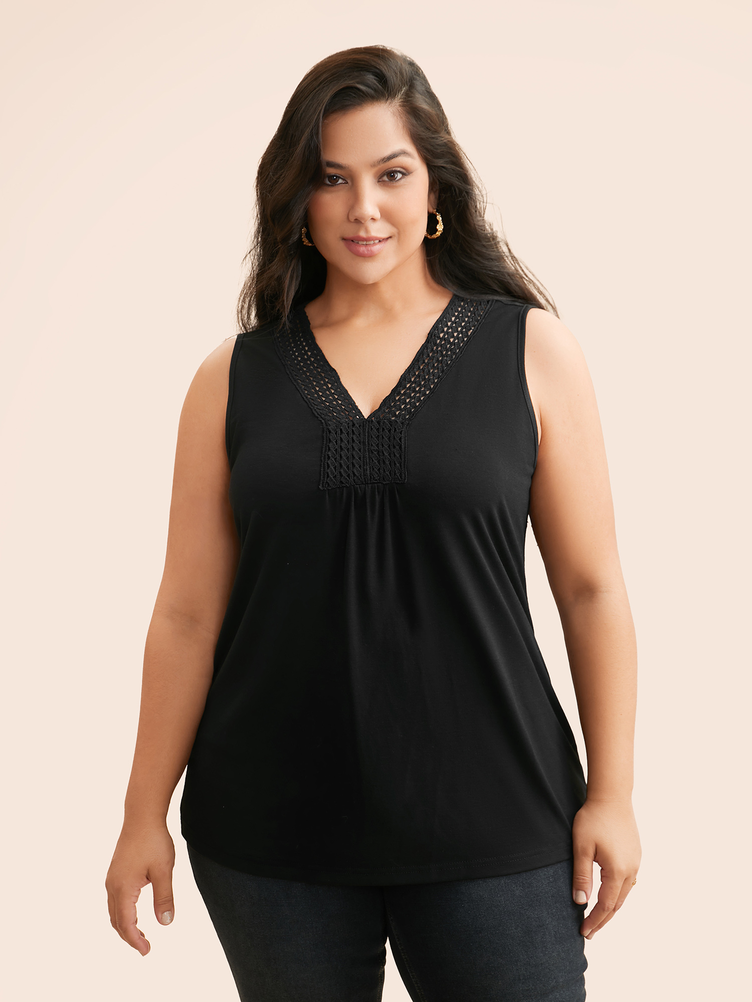 

Plus Size Solid Woven Ribbon Gathered Tank Top Women Black Elegant Woven ribbon&lace trim V-neck Everyday Tank Tops Camis BloomChic