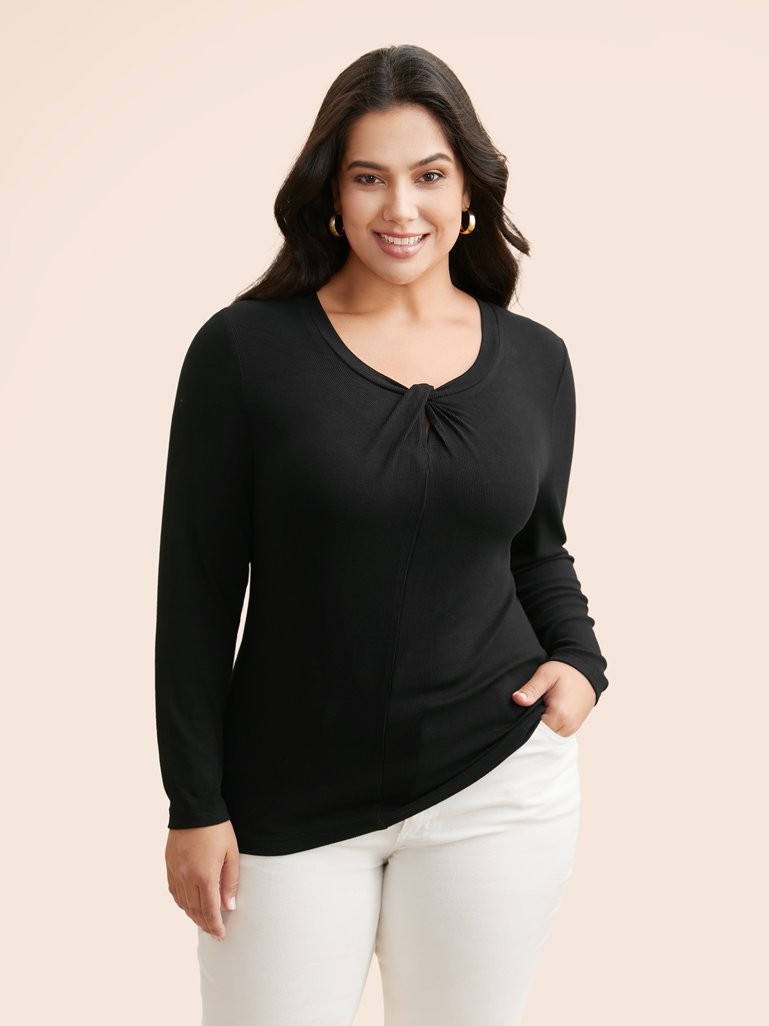 

Plus Size Supersoft Essentials Pleat Front T-shirt Black Women Casual Twist Round Neck Bodycon Everyday T-shirts BloomChic