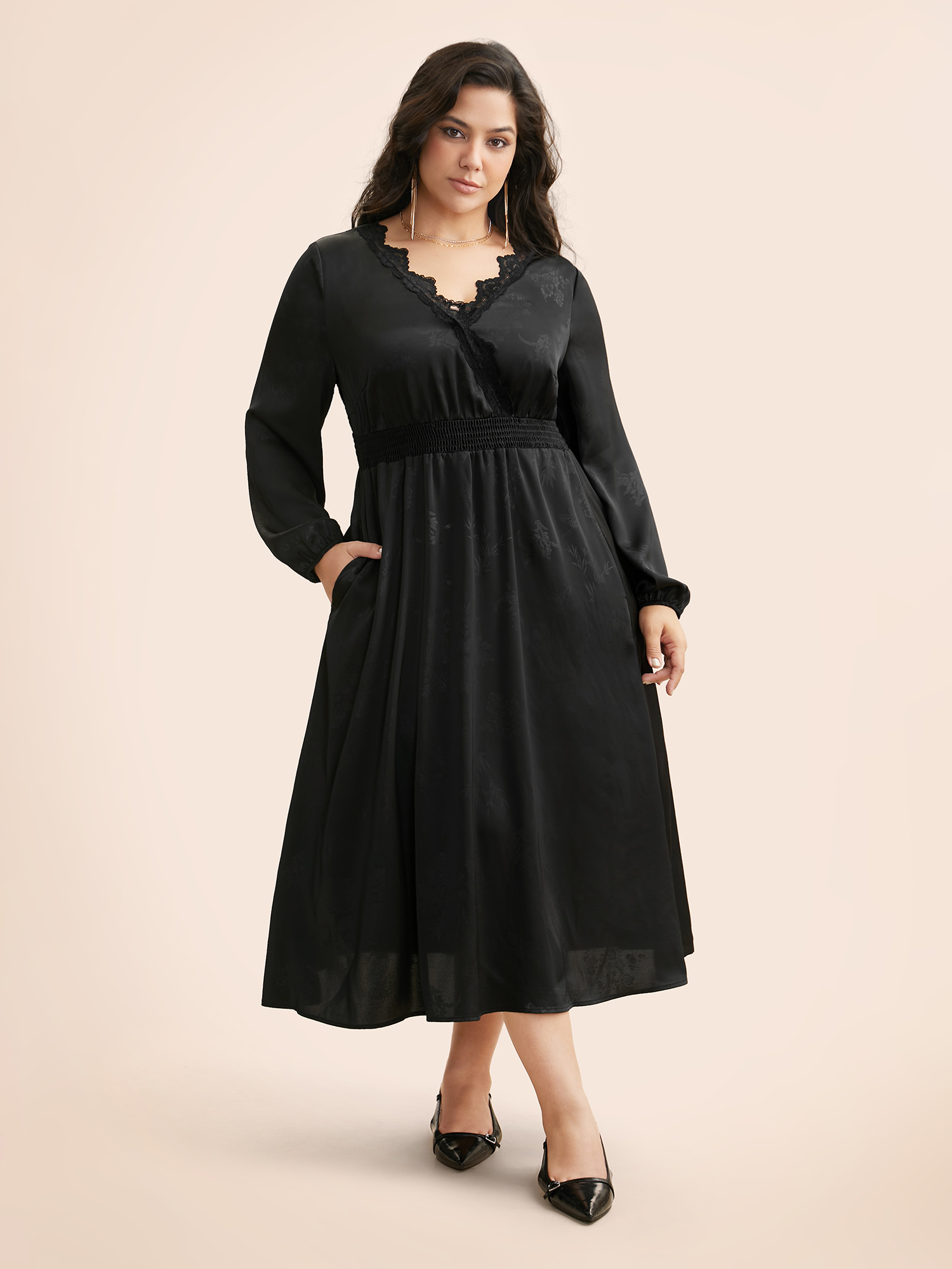 

Plus Size Overlap Collar Textured Shirred Lace Trim Dress Black Women Cocktail Woven ribbon&lace trim Overlap Collar Long Sleeve Curvy BloomChic