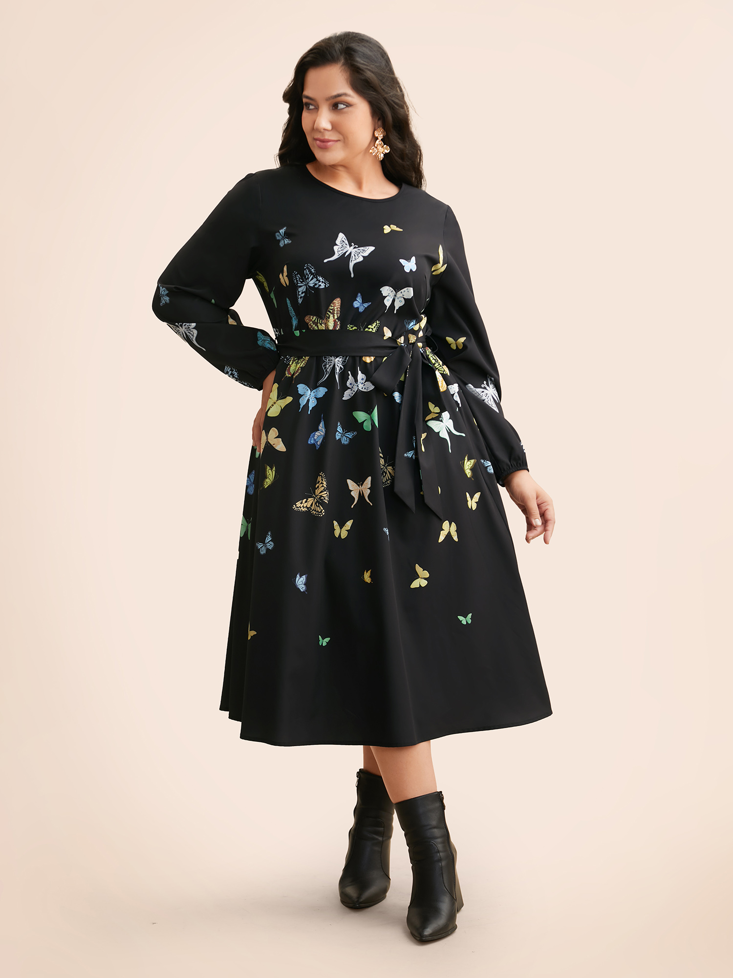 

Plus Size Butterfly Print Crew Neck Belted Dress Black Women Elegant Belted Round Neck Long Sleeve Curvy BloomChic