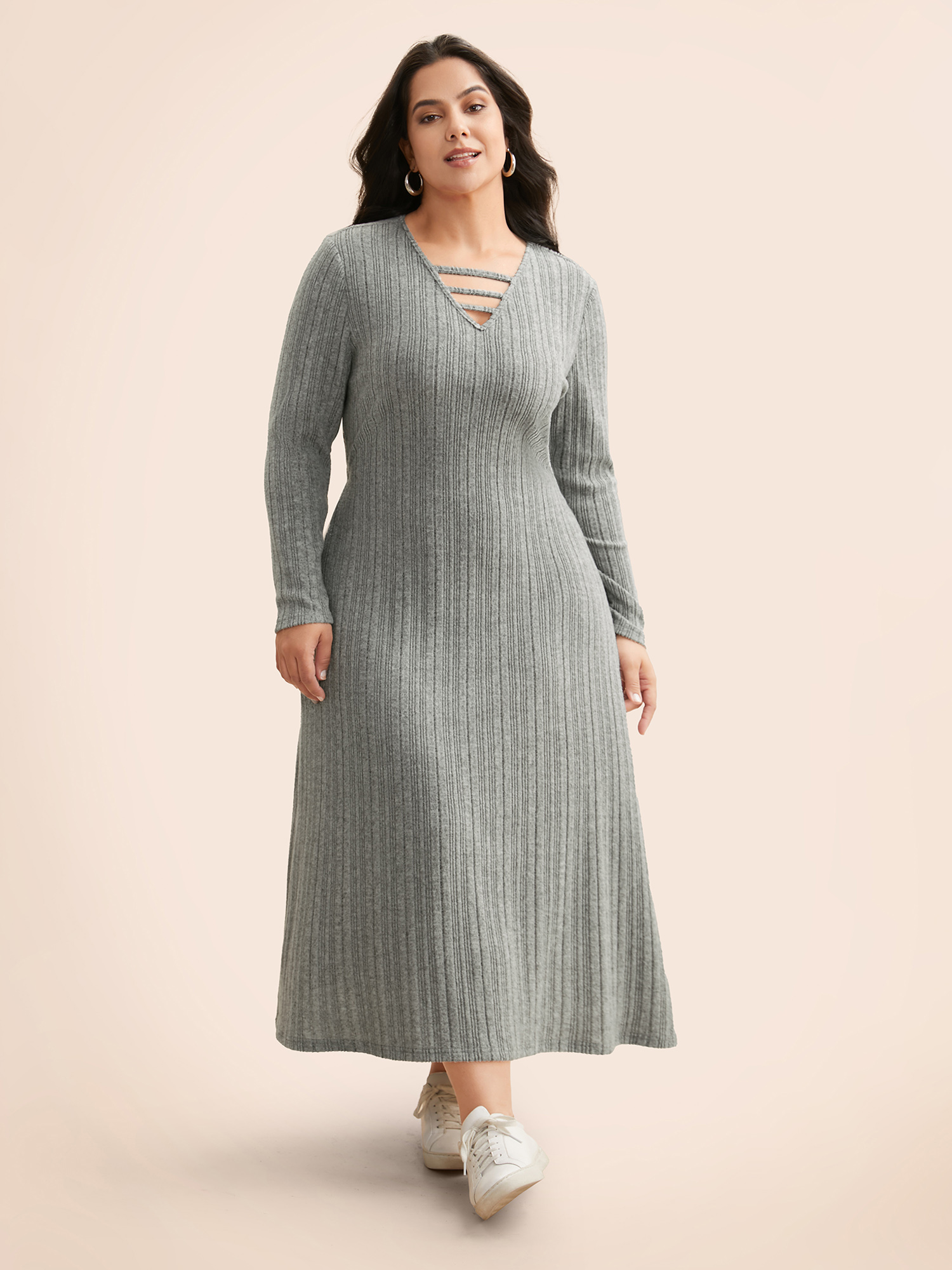 

Plus Size Airy Cozy Neck Cut-Out Midi Dress Mediumgray Women Casual Bodycon Long Sleeve Everyday Sweater Dresses BloomChic