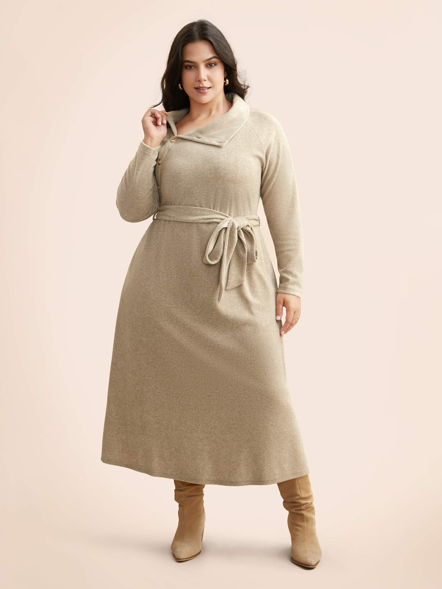 

Plus Size Airy Cozy Button Bodice Placket Midi Dress LightBrown Women Casual Long Sleeve Everyday Sweater Dresses BloomChic