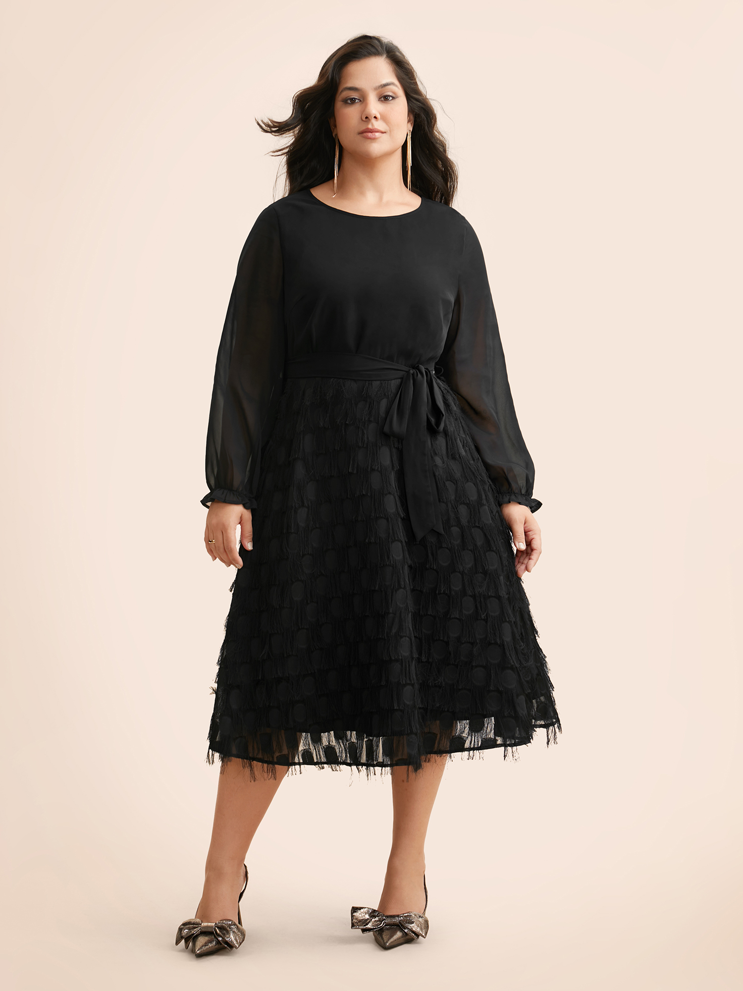 

Plus Size Texture Patchwork Tassel Trim Belted Dress Black Women Elegant Texture Round Neck Long Sleeve Curvy BloomChic