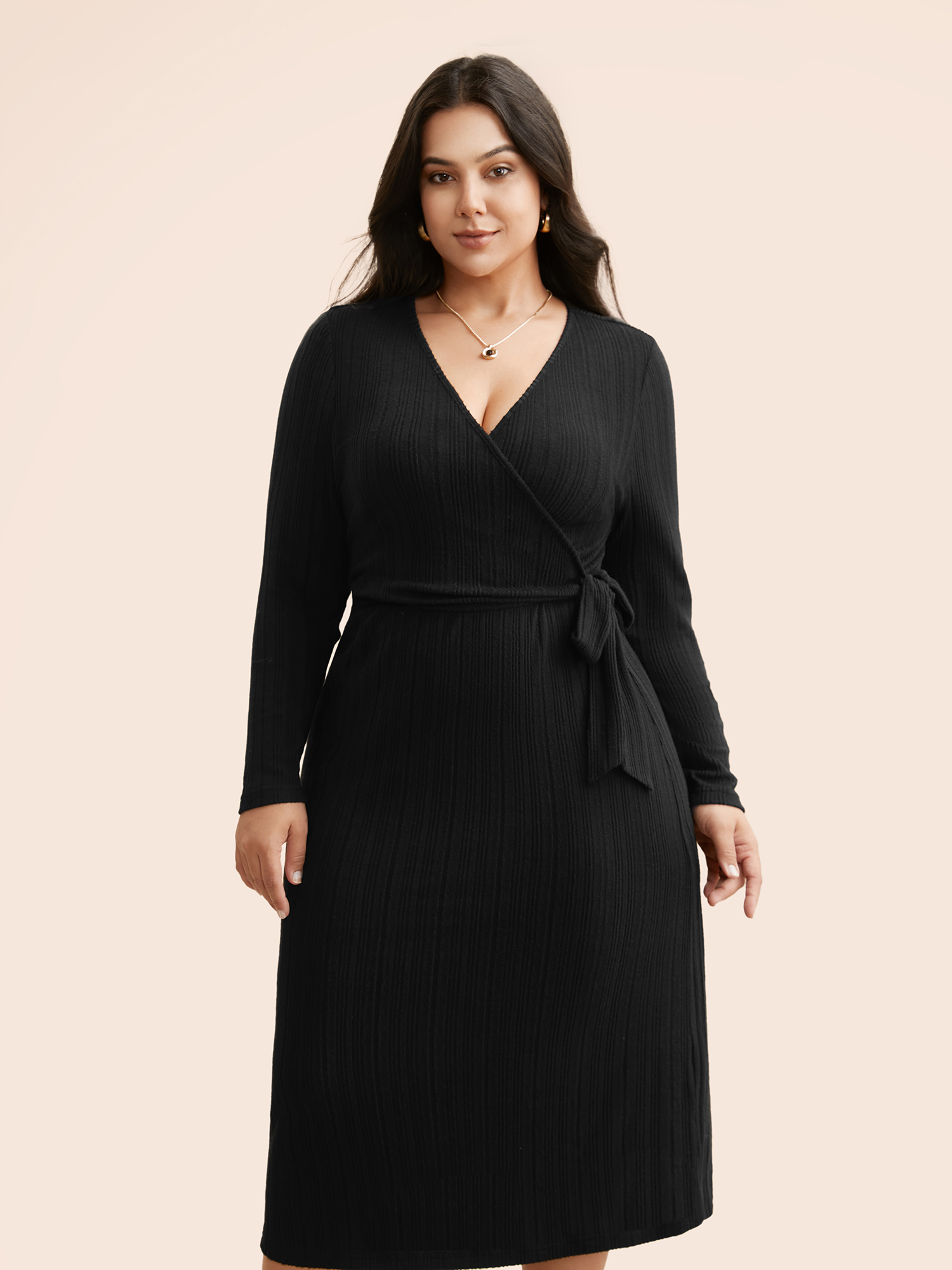 

Plus Size Airy Cozy Waist-Tie Wrap Midi Dress Black Women Casual Tie knot Knit Dresses Bloomchic