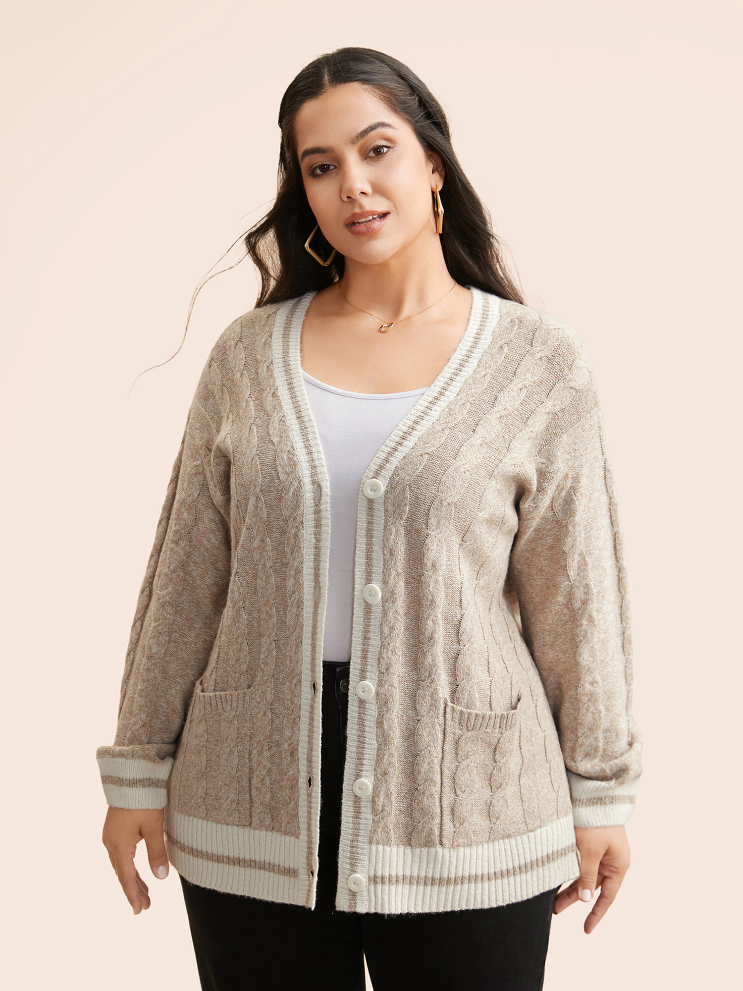 

Plus Size Contrast Trim Cable Knit Pocket Cardigan Champagne Women Casual Loose Long Sleeve Everyday Cardigans BloomChic