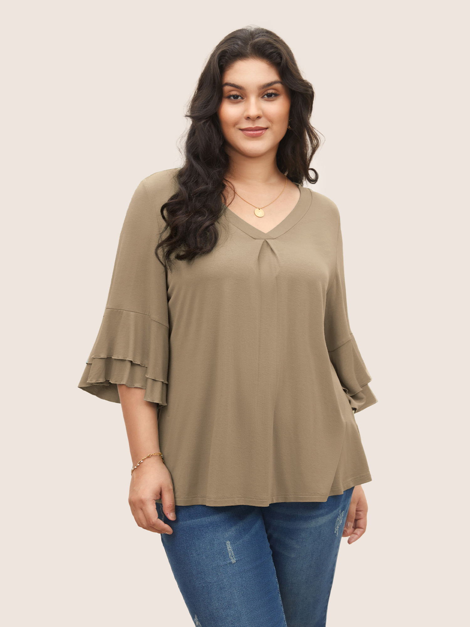 

Plus Size Supersoft Essentials Ruffle Layered Sleeve Pleated T-shirt LightBrown Non Short sleeve Elegant Jersey Tops