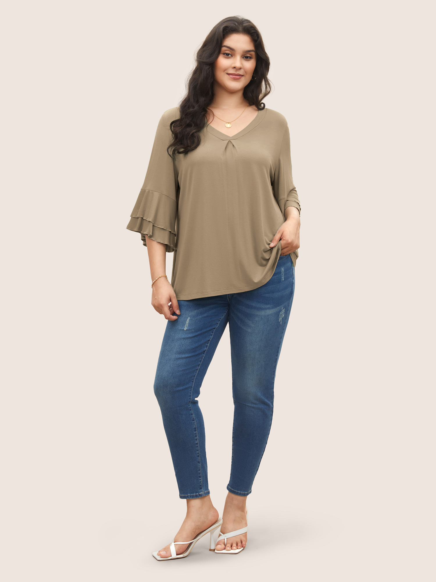 

Plus Size Supersoft Essentials Ruffle Layered Sleeve Pleated T-shirt LightBrown Non Short sleeve Elegant Jersey Tops